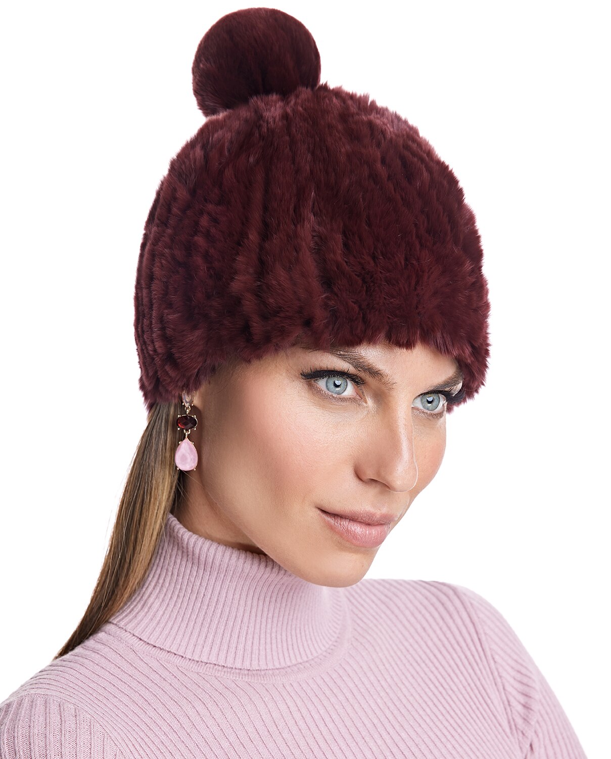 Gorro de mujer de pelo de rex tricotado con pompón en color - Maximilian - Burdeos Burdeos-3