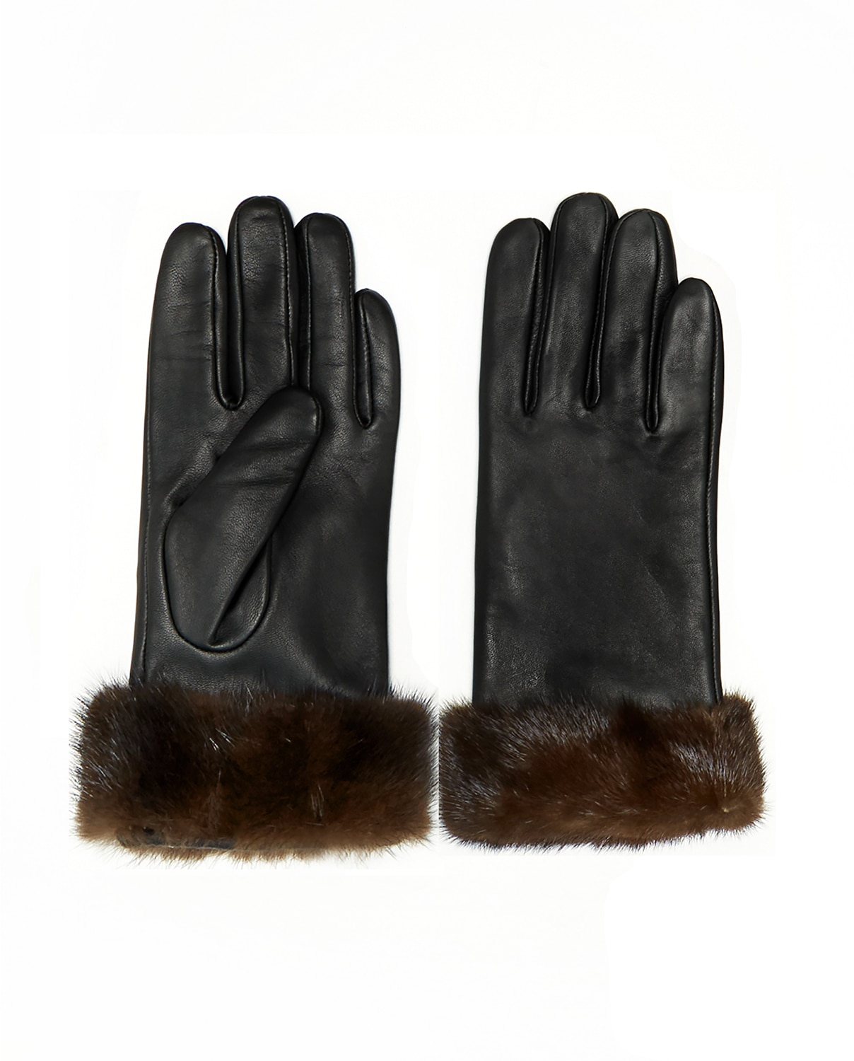 Maximilian - Guantes de cuero en color negro con puños en pelo de visón marrón.