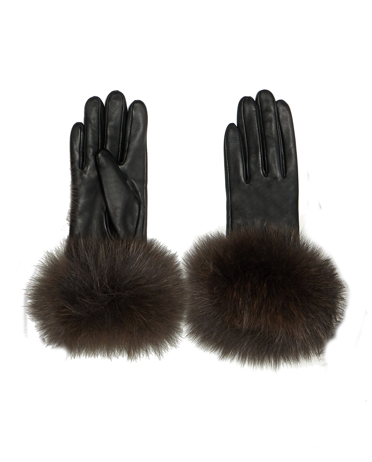 Maximilian - Guantes de cuero en color negro con puños en pelo de zorro marrón.
