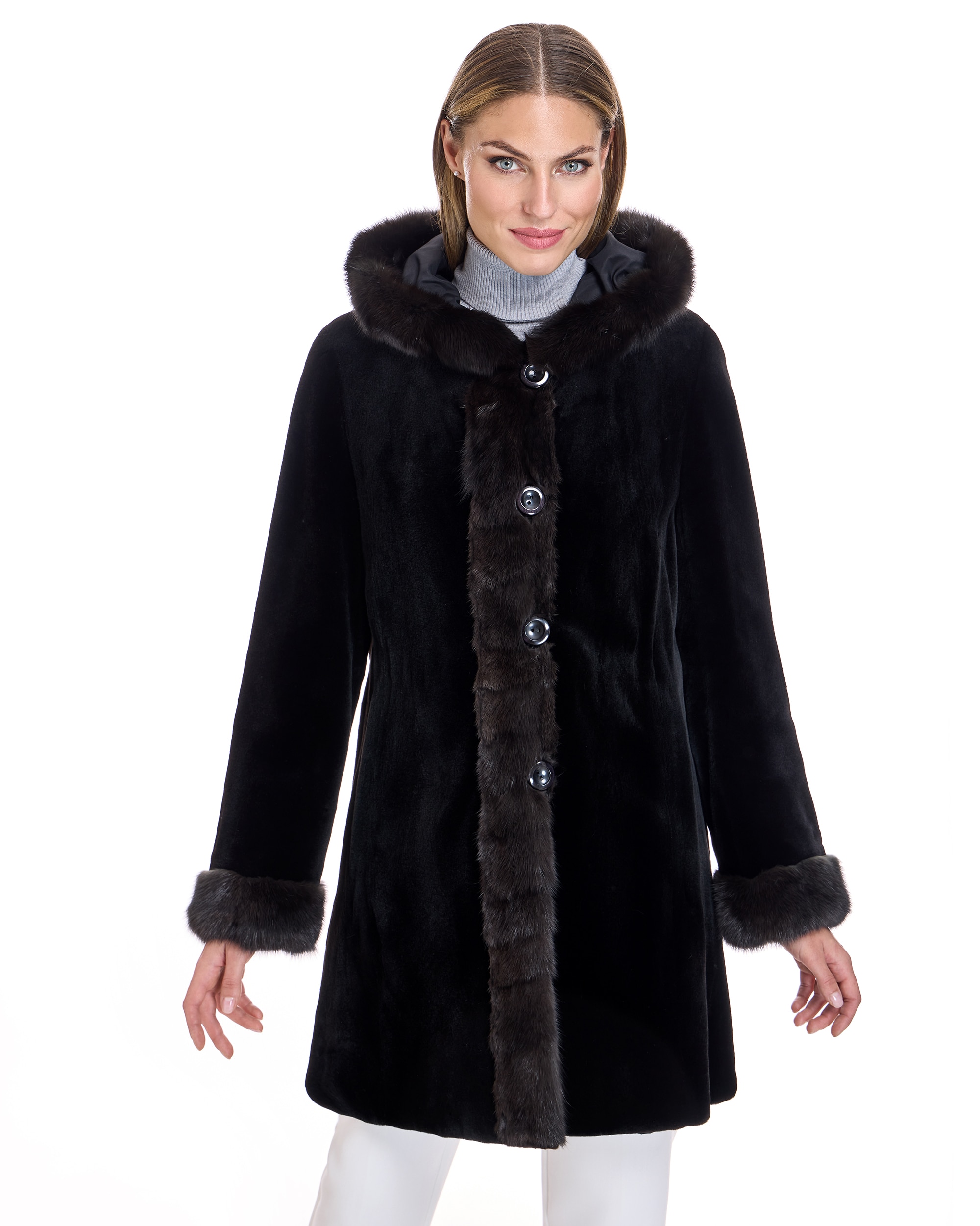 Abrigo de pelo de mujer reversible de visón rasado con capucha y cuello tuxedo de marta cibelina - Maximilian - Negro Negro-1