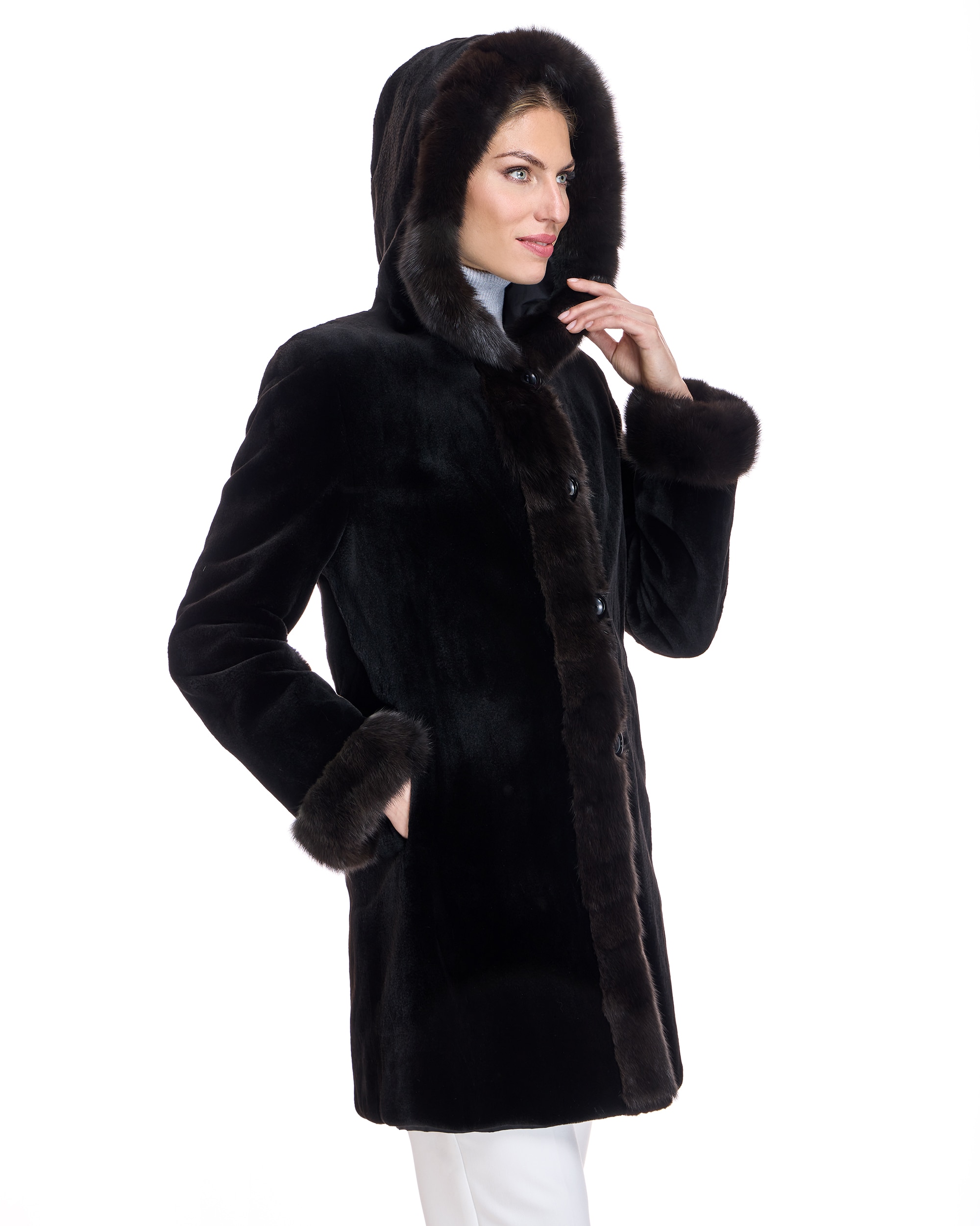 Abrigo de pelo de mujer reversible de visón rasado con capucha y cuello tuxedo de marta cibelina - Maximilian - Negro Negro-2