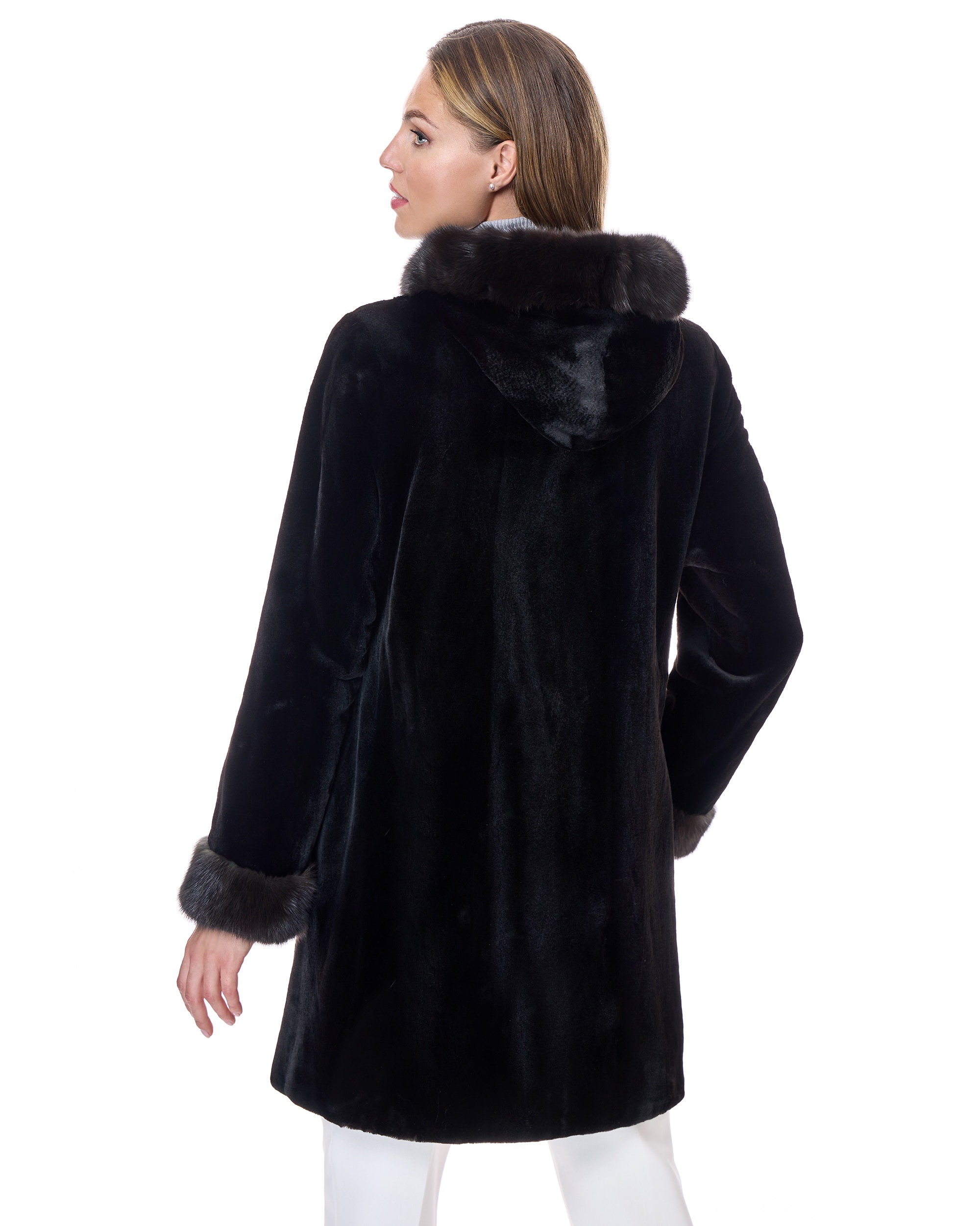 Abrigo de pelo de mujer reversible de visón rasado con capucha y cuello tuxedo de marta cibelina - Maximilian - Negro Negro-3