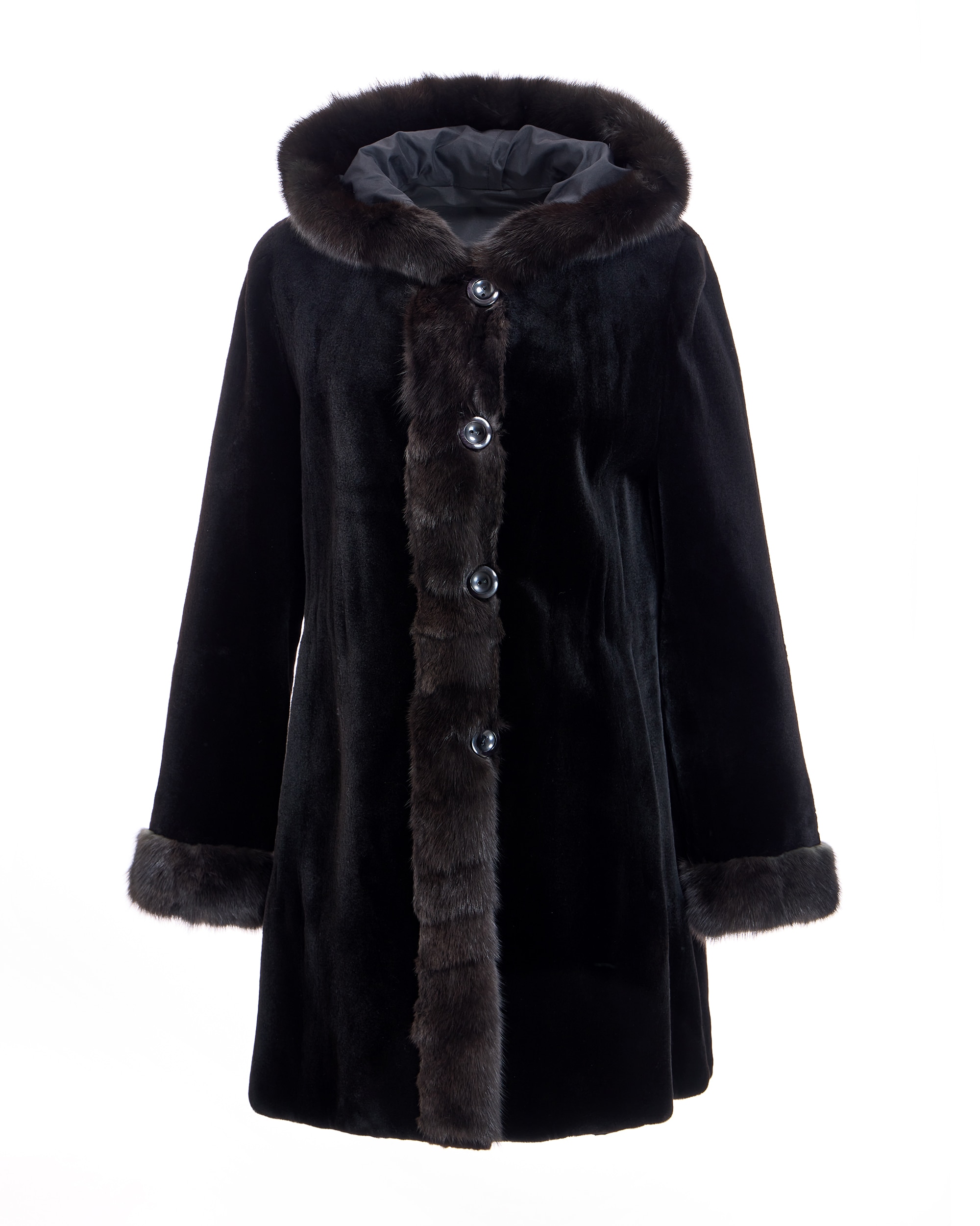 Abrigo de pelo de mujer reversible de visón rasado con capucha y cuello tuxedo de marta cibelina - Maximilian - Negro Negro-6