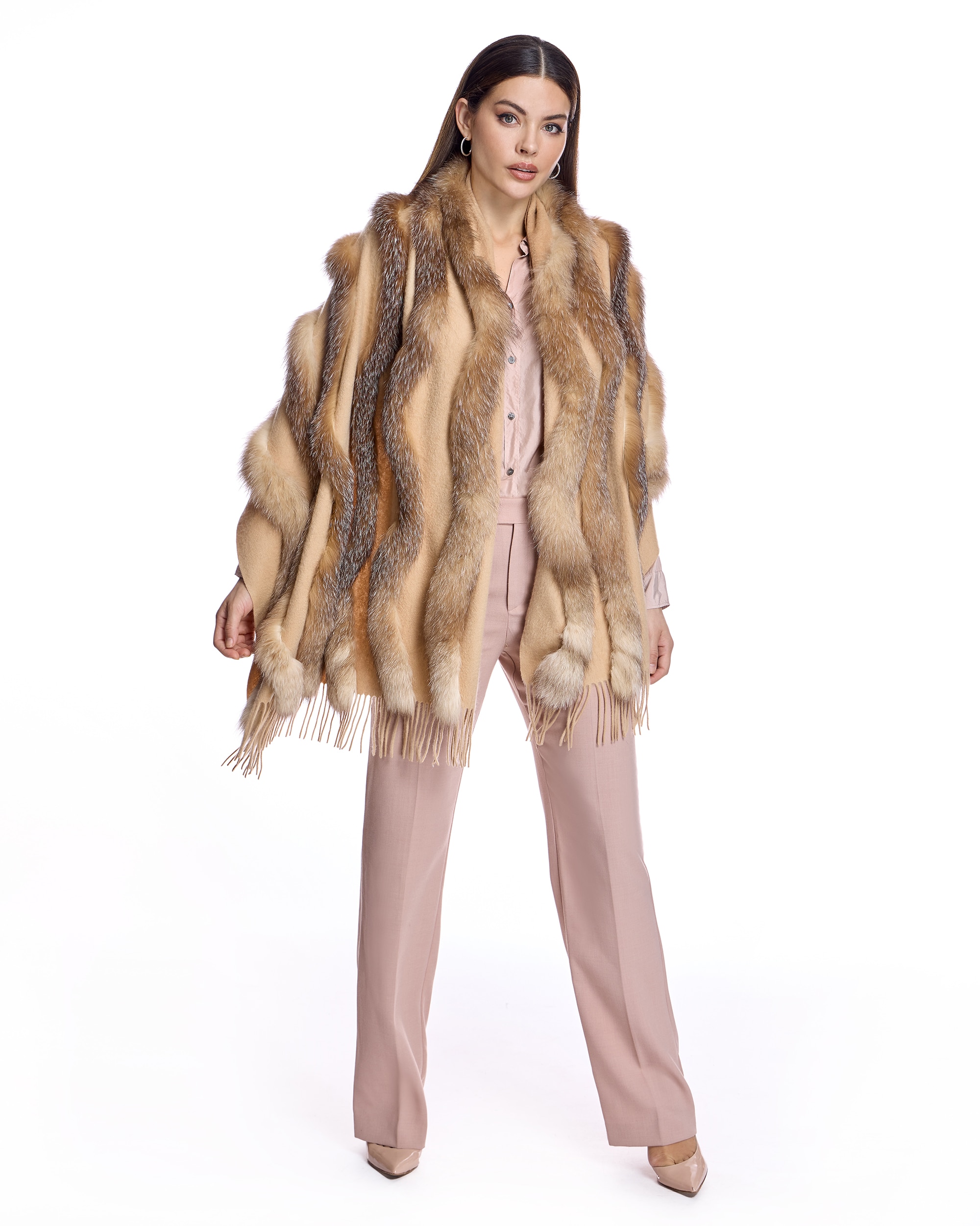 Estola de lana de cashmere con inserciones de zorro - Maximilian - Marrón claro Marrón claro-5