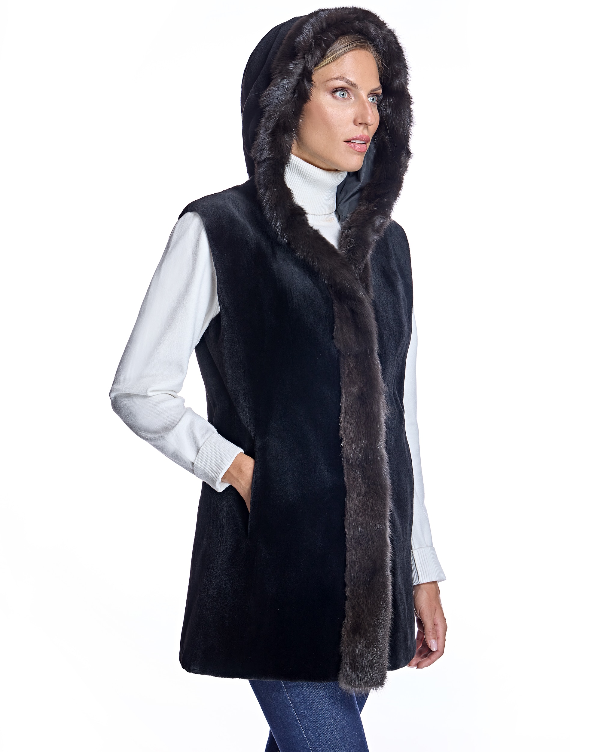 Chaleco reversible de mujer de pelo de visón rasado con capucha ribeteada en marta cibelina - Maximilian - Negro Negro-2