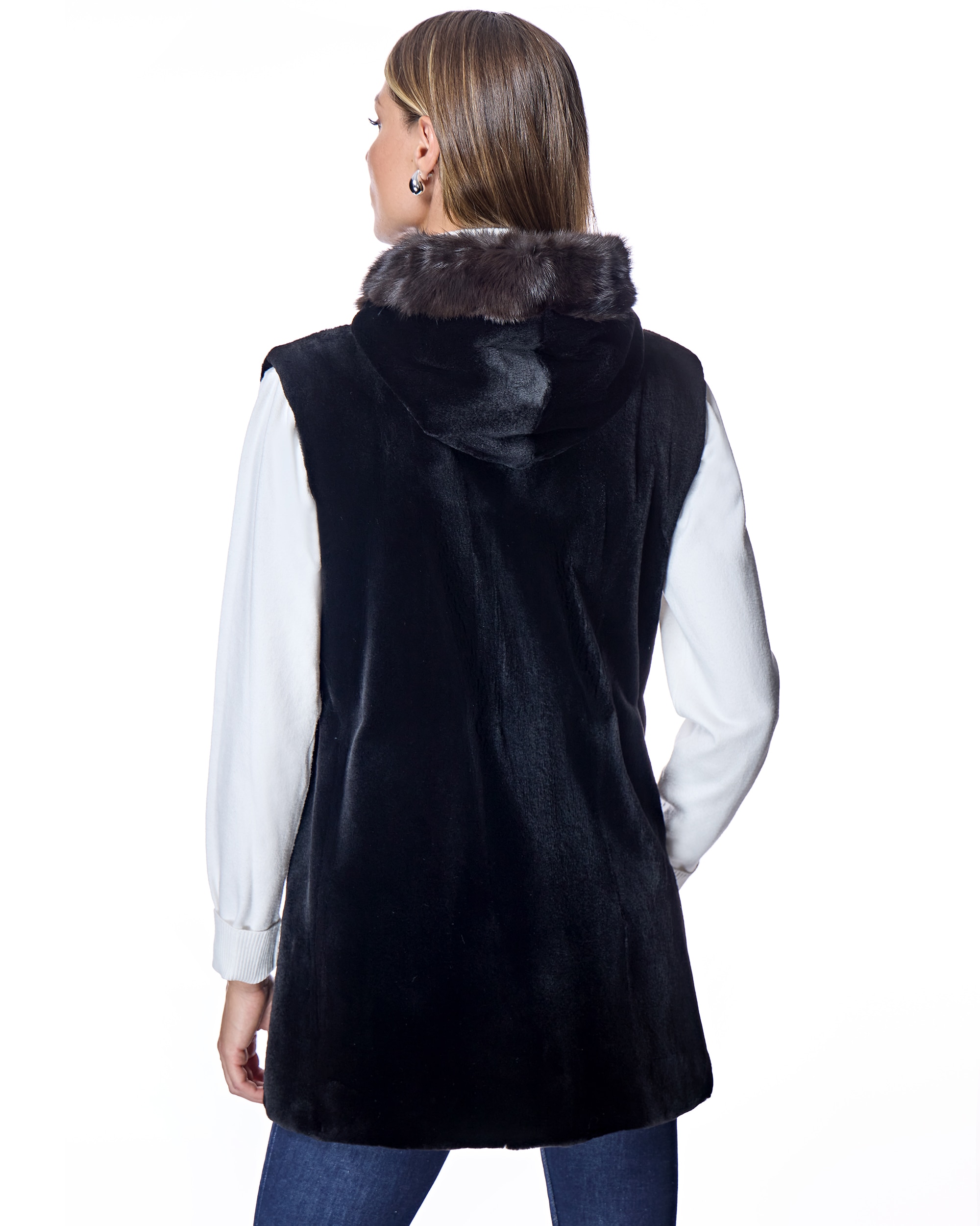 Chaleco reversible de mujer de pelo de visón rasado con capucha ribeteada en marta cibelina - Maximilian - Negro Negro-3