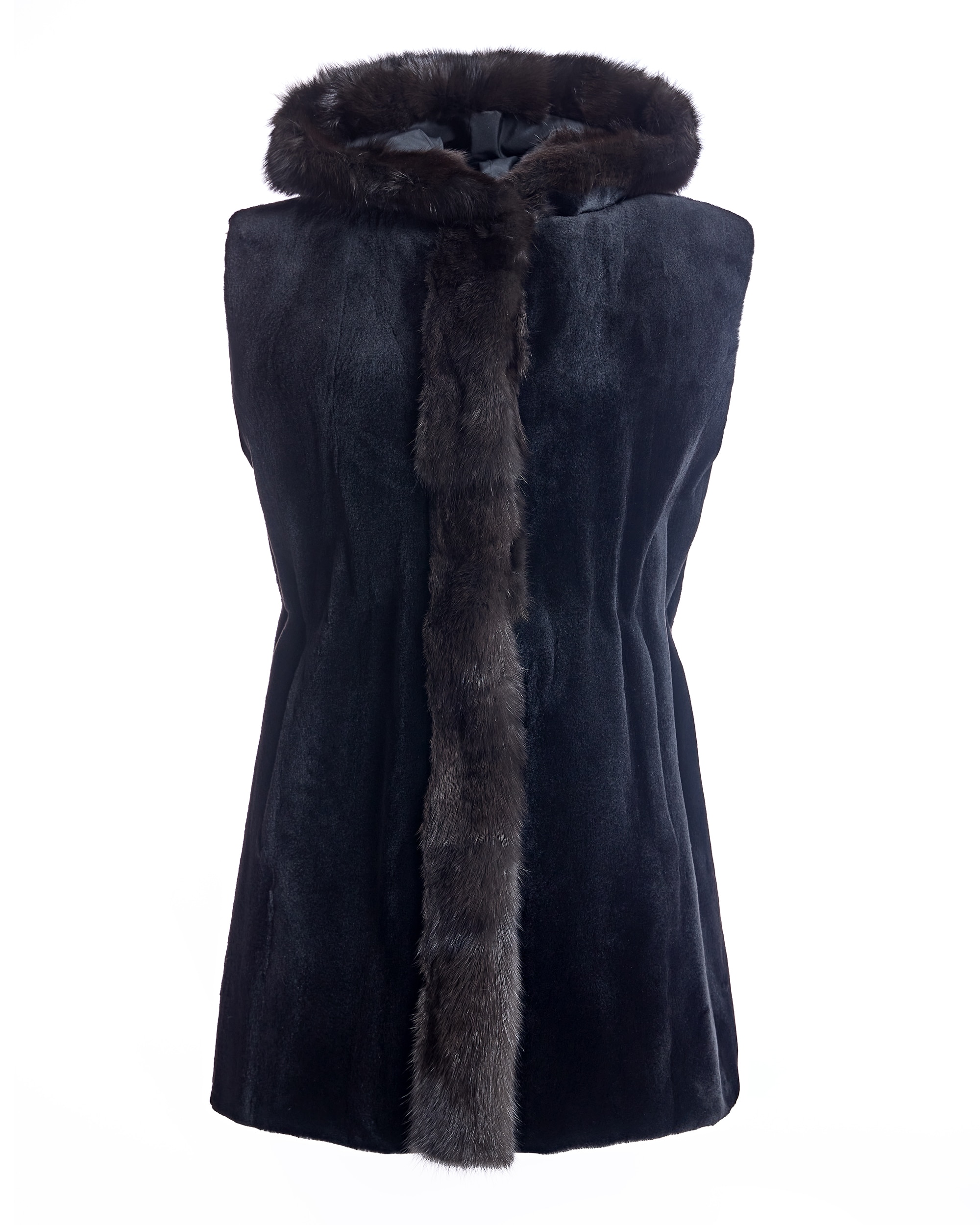 Chaleco reversible de mujer de pelo de visón rasado con capucha ribeteada en marta cibelina - Maximilian - Negro Negro-7