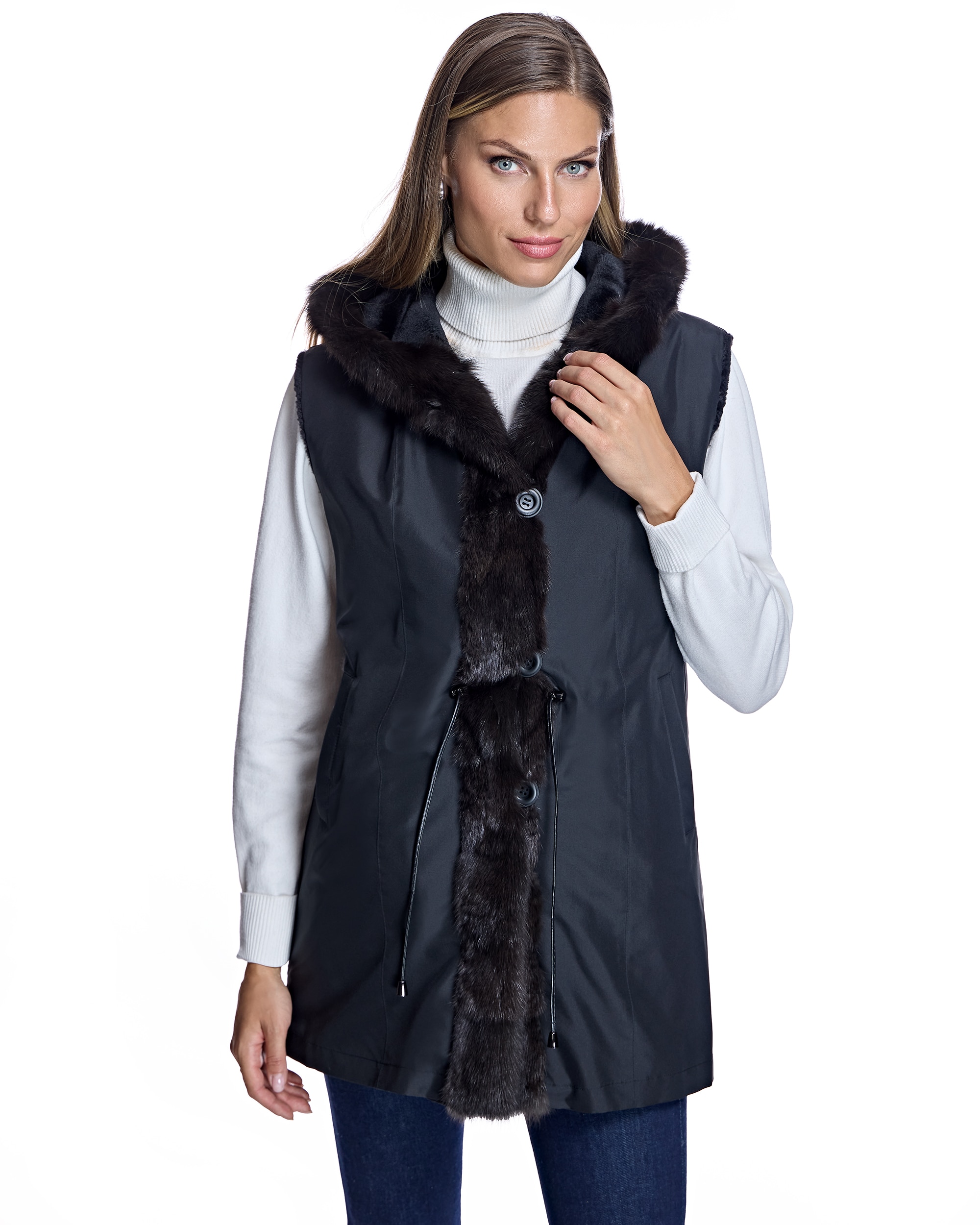 Chaleco reversible de mujer de pelo de visón rasado con capucha ribeteada en marta cibelina - Maximilian - Negro Negro-6