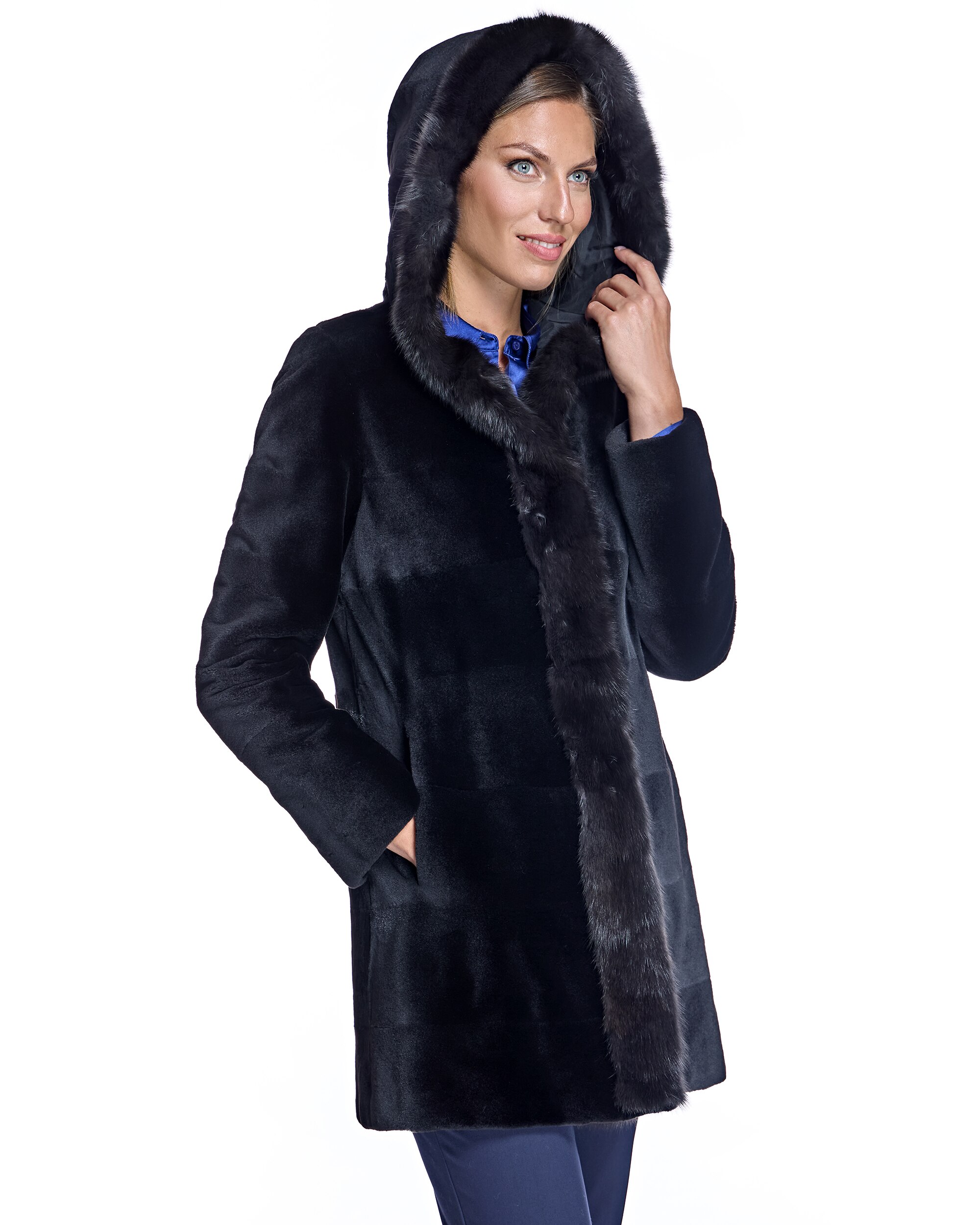 Abrigo reversible de mujer de pelo de visón rasado con cuello tuxedo y capucha de marta cibelina - Maximilian - Negro Negro-2