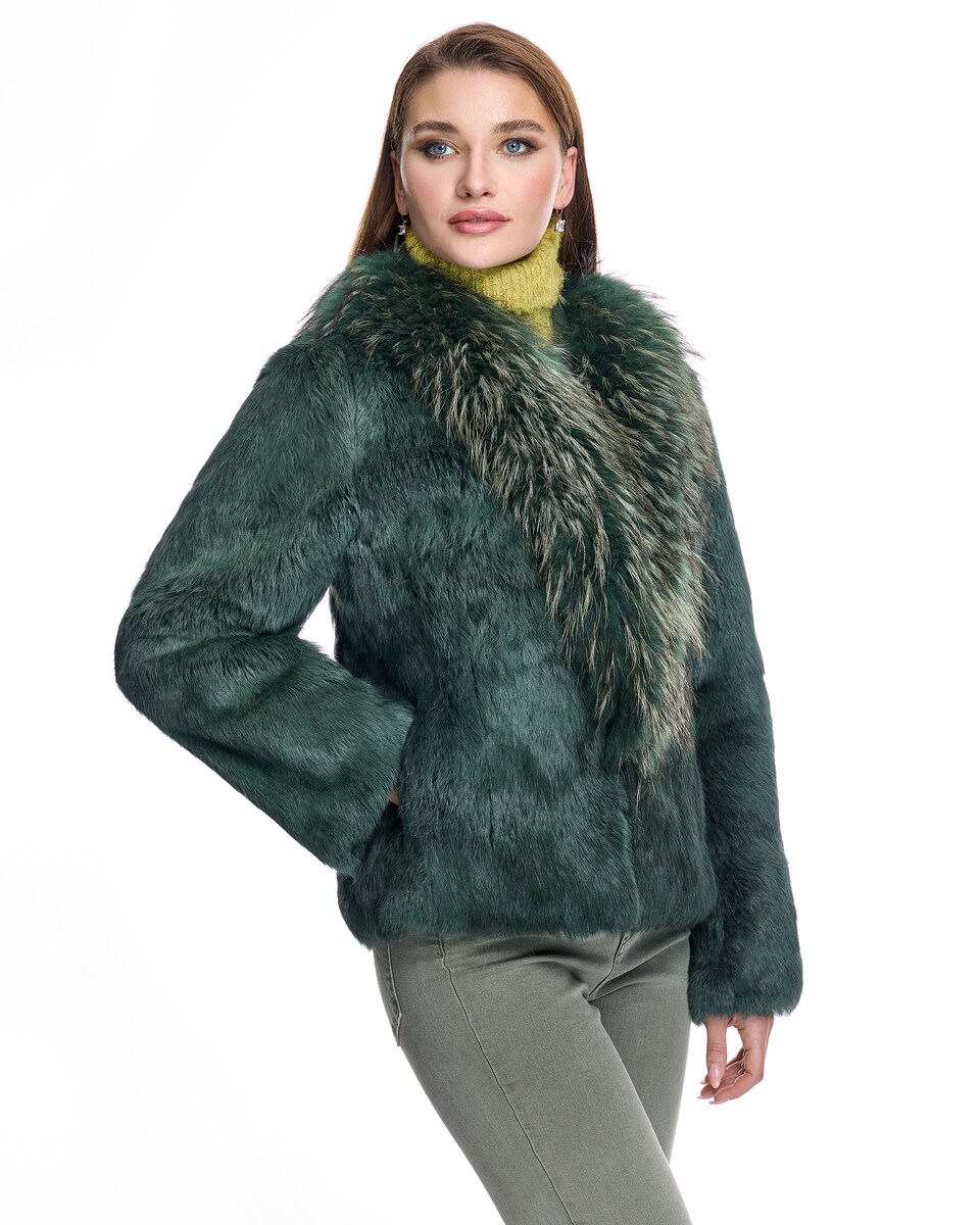 Chaqueta de pelo de mujer de conejo con cuello de raccoon