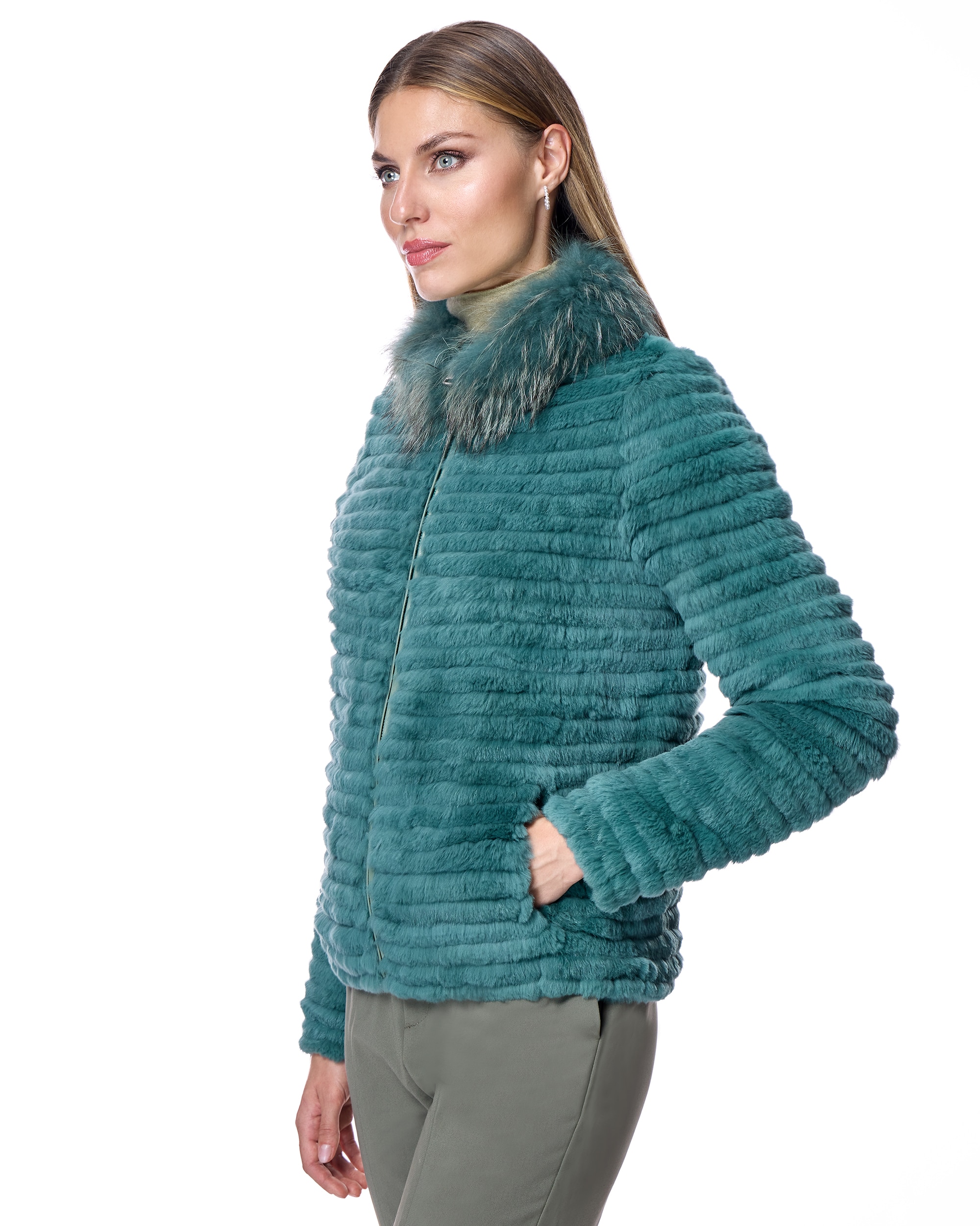 Chaqueta de pelo de mujer de conejo tireado con cuello de raccoon y cremallera - Maximilian - Azul Azul-2