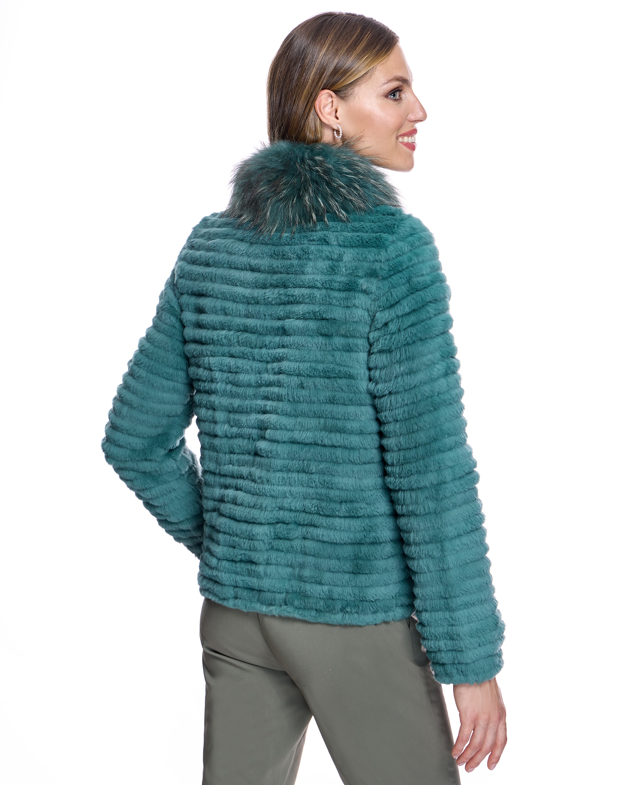 Chaqueta de pelo de mujer de conejo tireado con cuello de raccoon y cremallera - Maximilian - Azul Azul-3