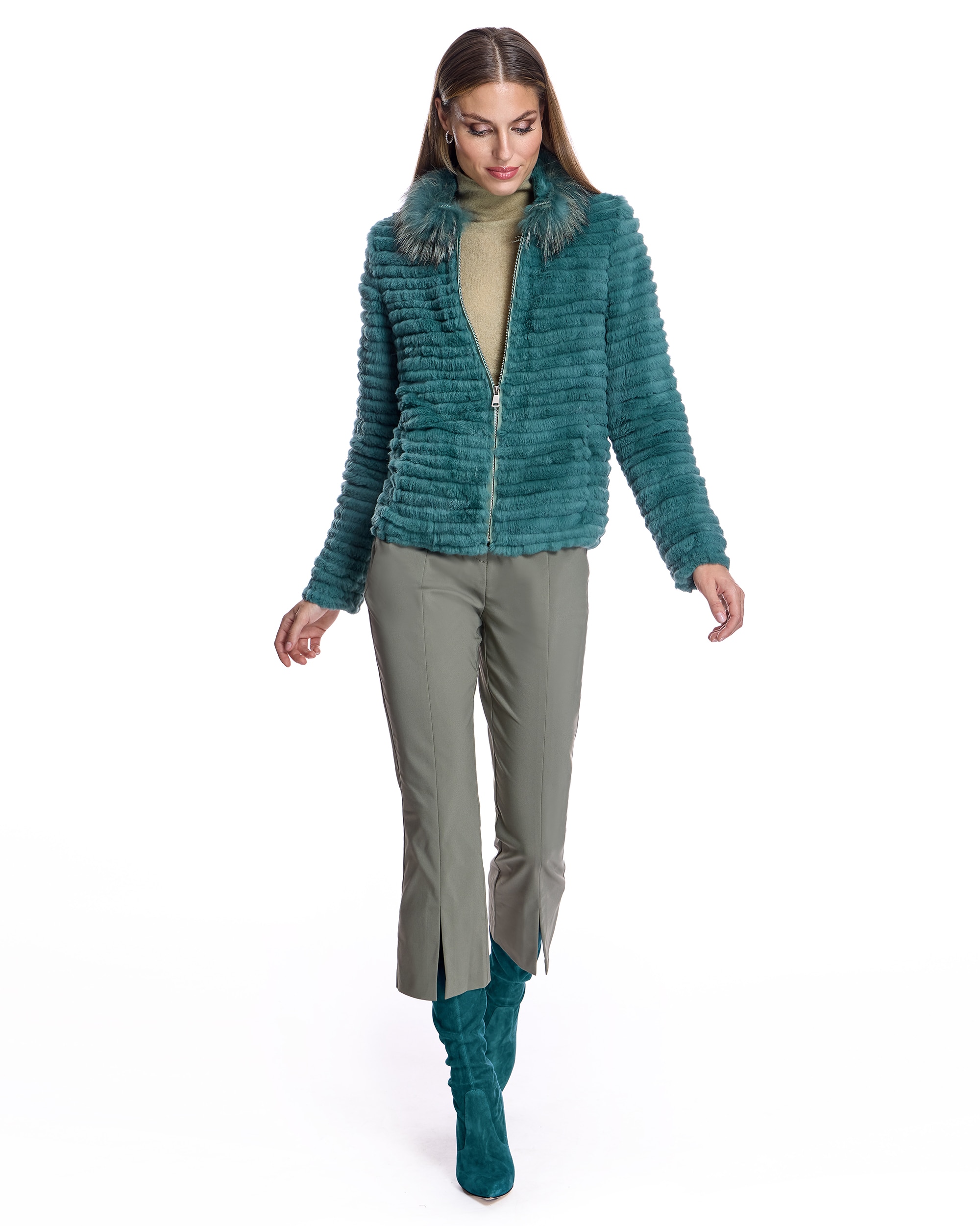 Chaqueta de pelo de mujer de conejo tireado con cuello de raccoon y cremallera - Maximilian - Azul Azul-4