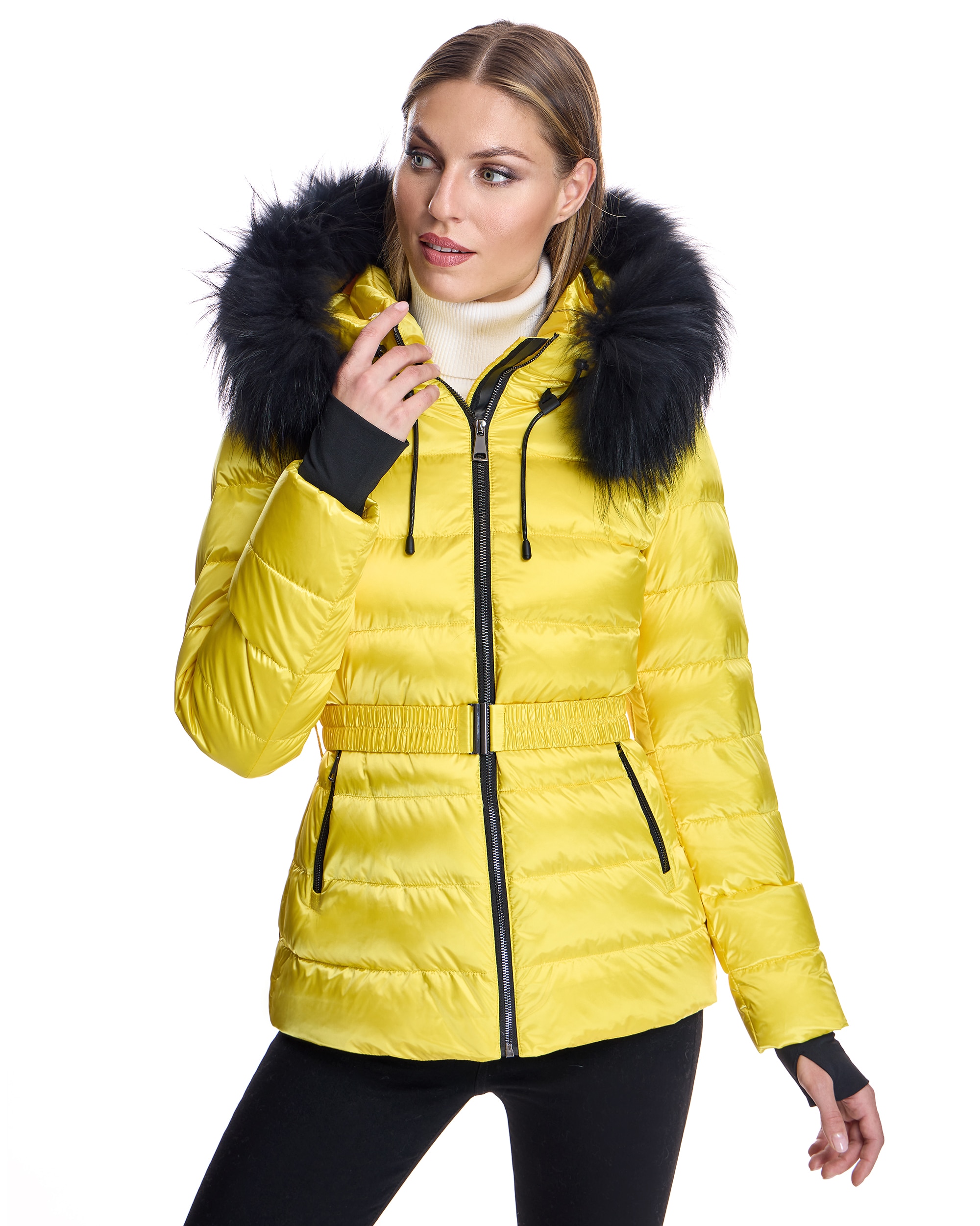 Plumífero de mujer con capucha ribeteada de raccoon - Maximilian - Amarillo Amarillo-1