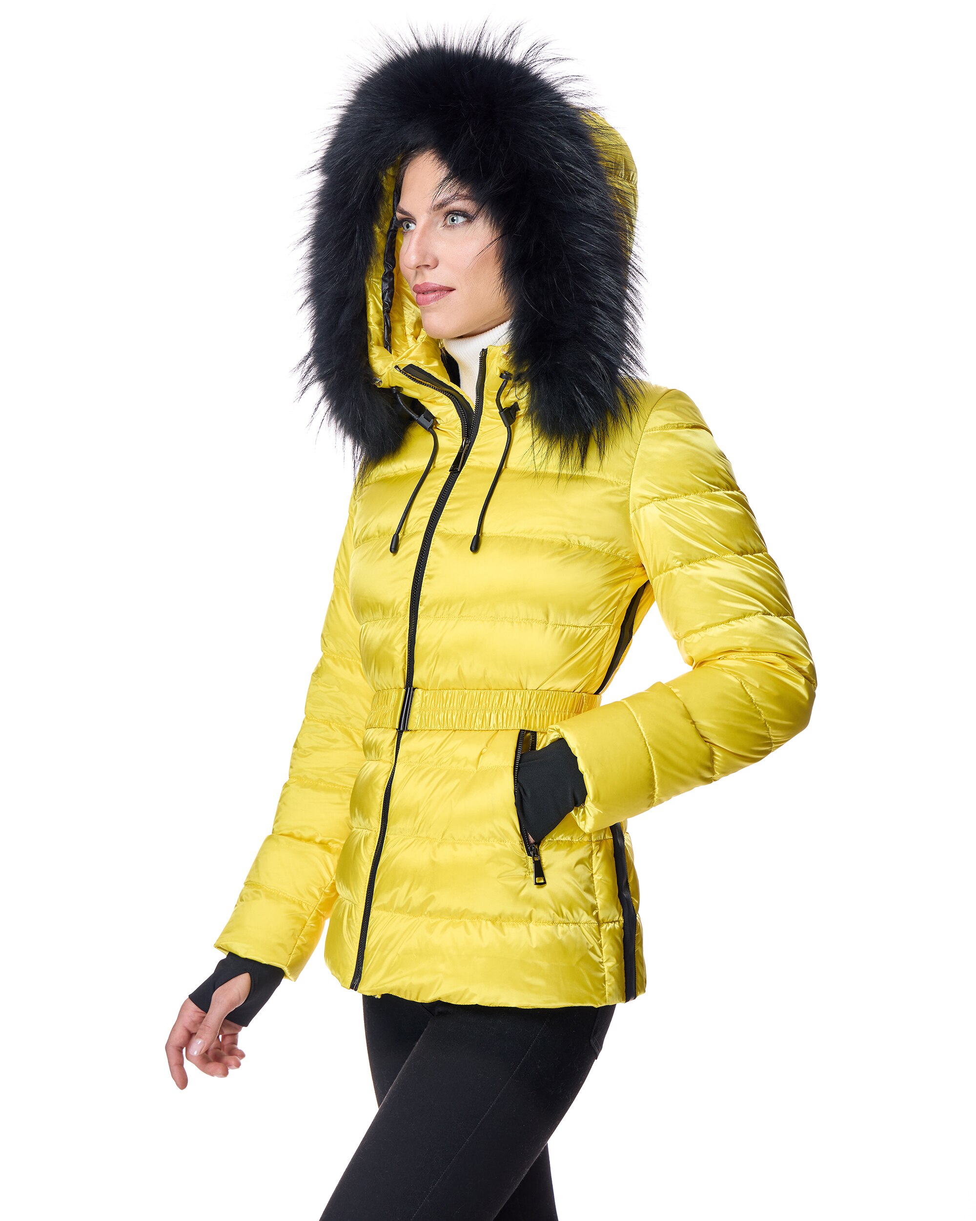 Plumífero de mujer con capucha ribeteada de raccoon - Maximilian - Amarillo Amarillo-2