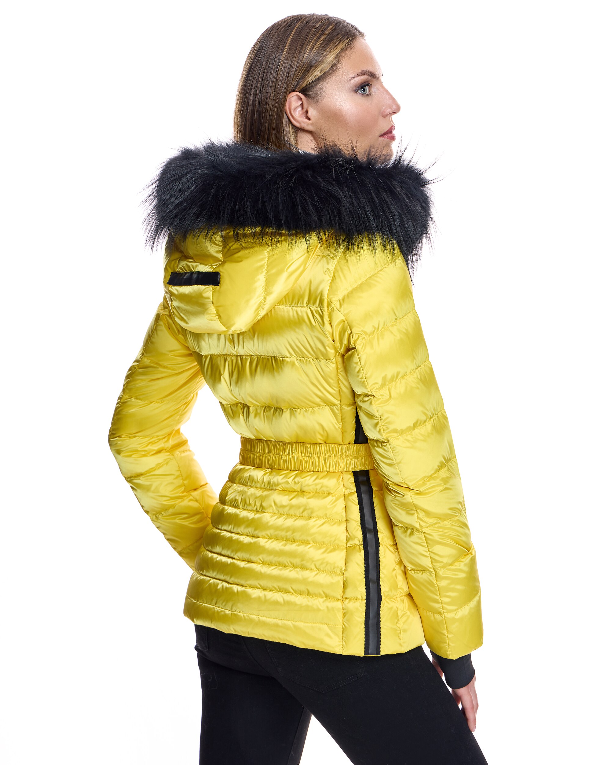 Plumífero de mujer con capucha ribeteada de raccoon - Maximilian - Amarillo Amarillo-3