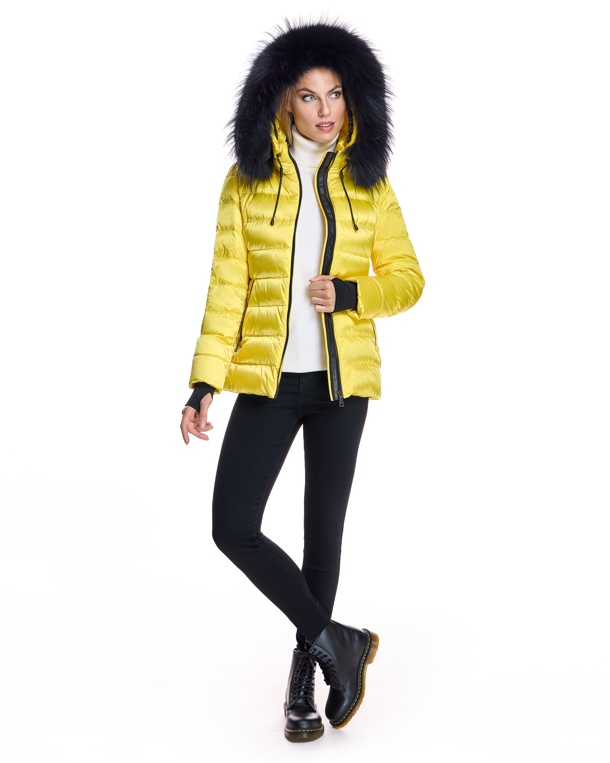 Plumífero de mujer con capucha ribeteada de raccoon - Maximilian - Amarillo Amarillo-4