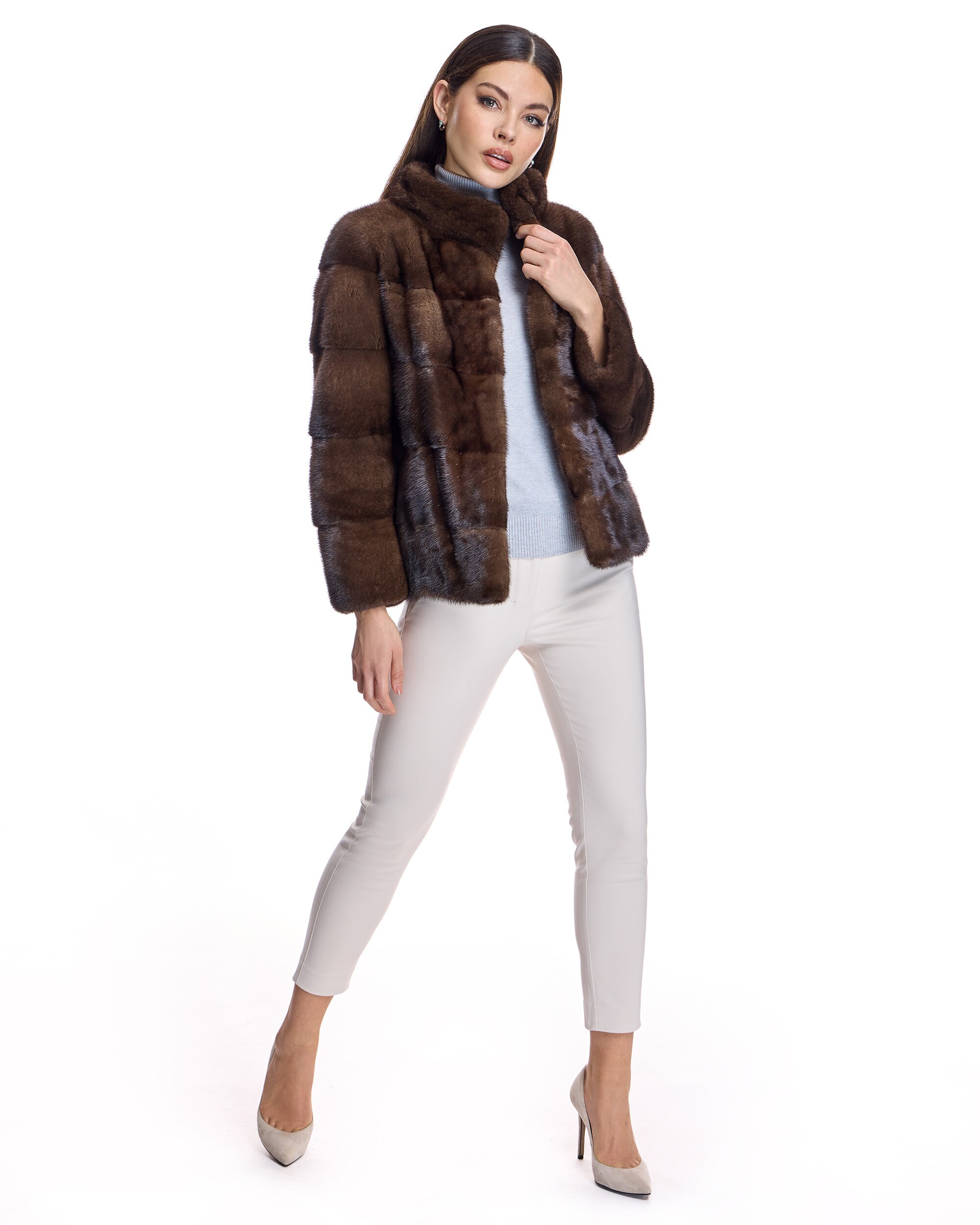 Chaqueta de mujer de pelo de visón horizontal con cuello alto - Maximilian - Marrón oscuro Marrón oscuro-4