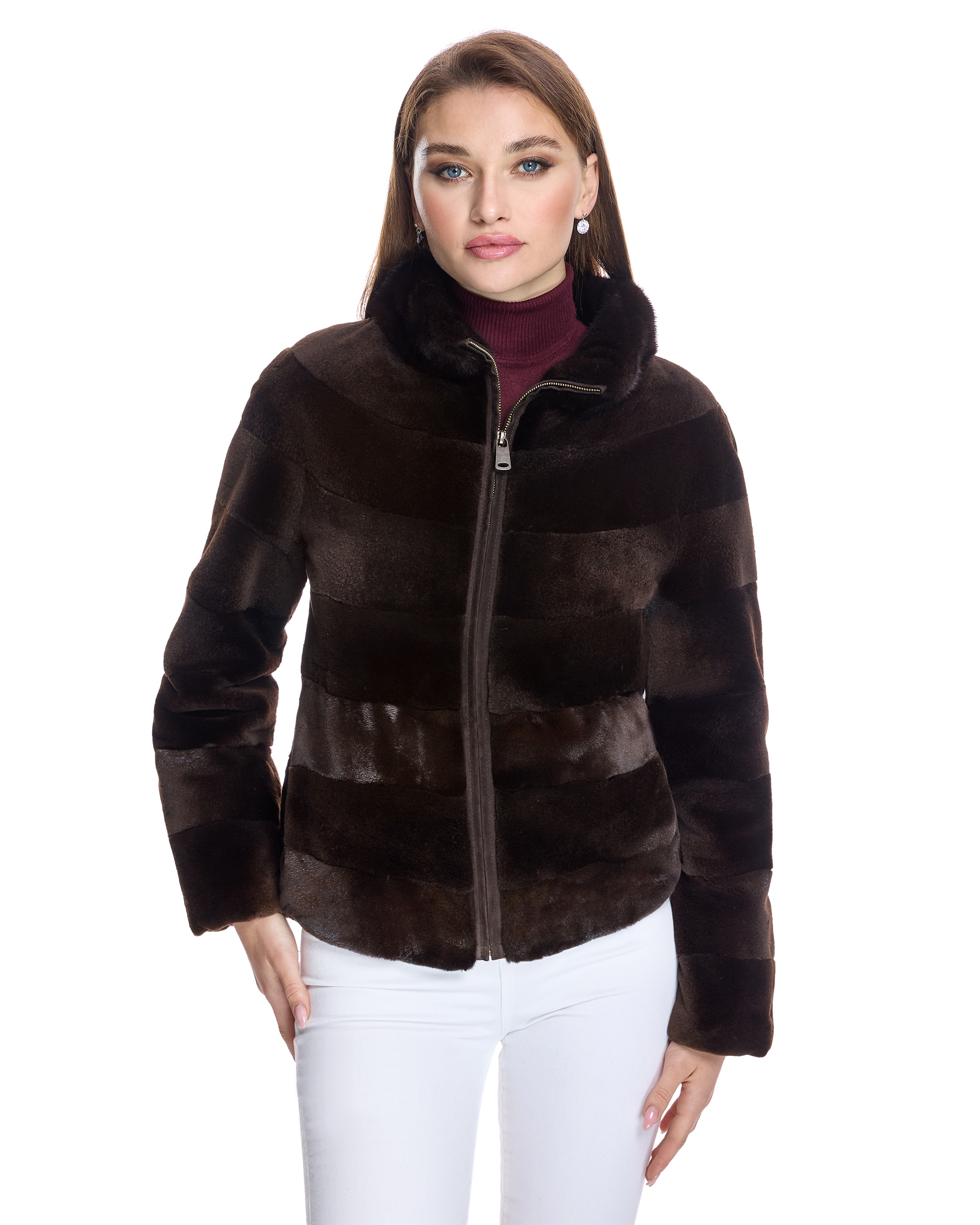 Chaqueta de pelo de mujer de visón rasado con cremallera - Maximilian - Marrón oscuro Marrón oscuro-1