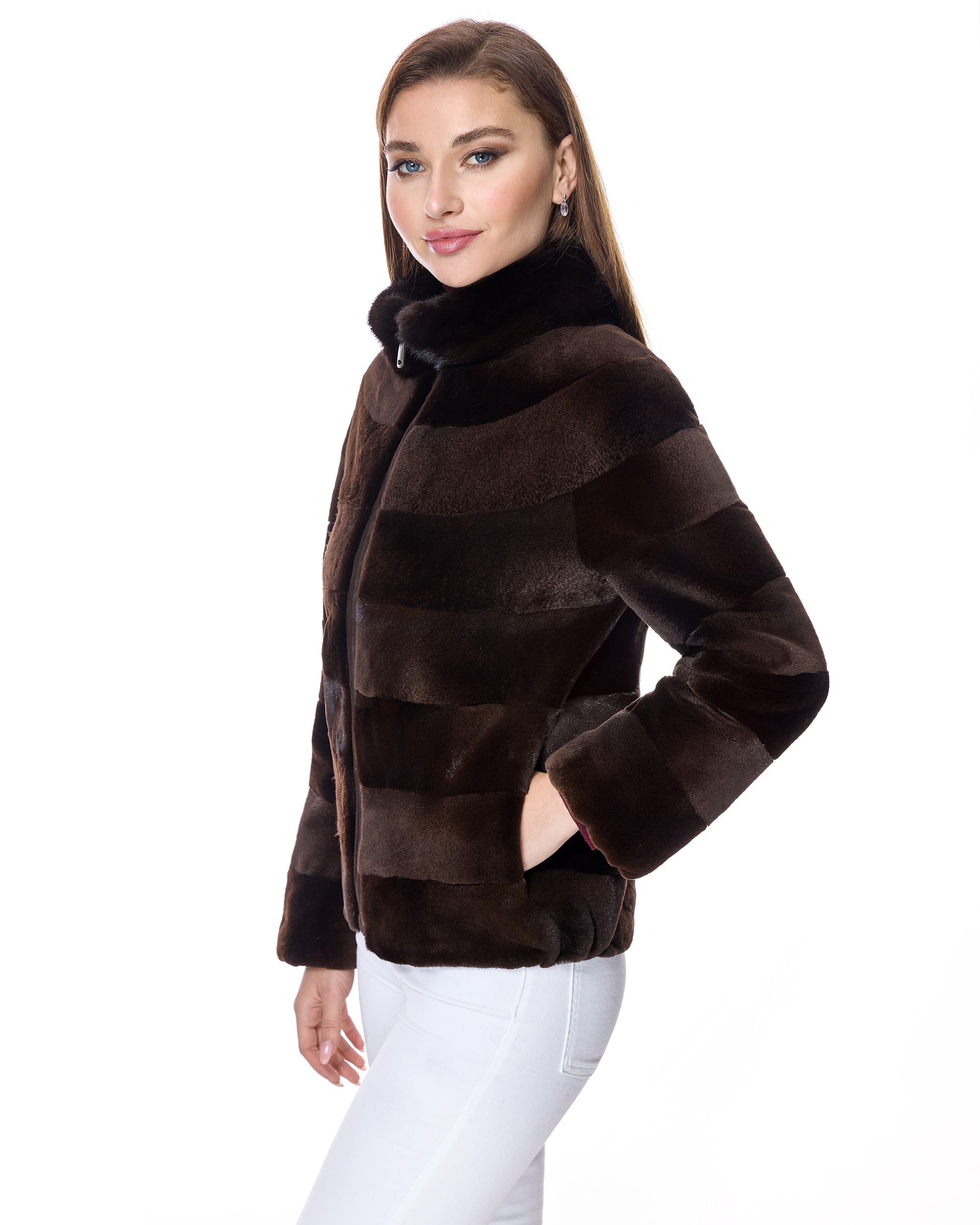 Chaqueta de pelo de mujer de visón rasado con cremallera - Maximilian - Marrón oscuro Marrón oscuro-2