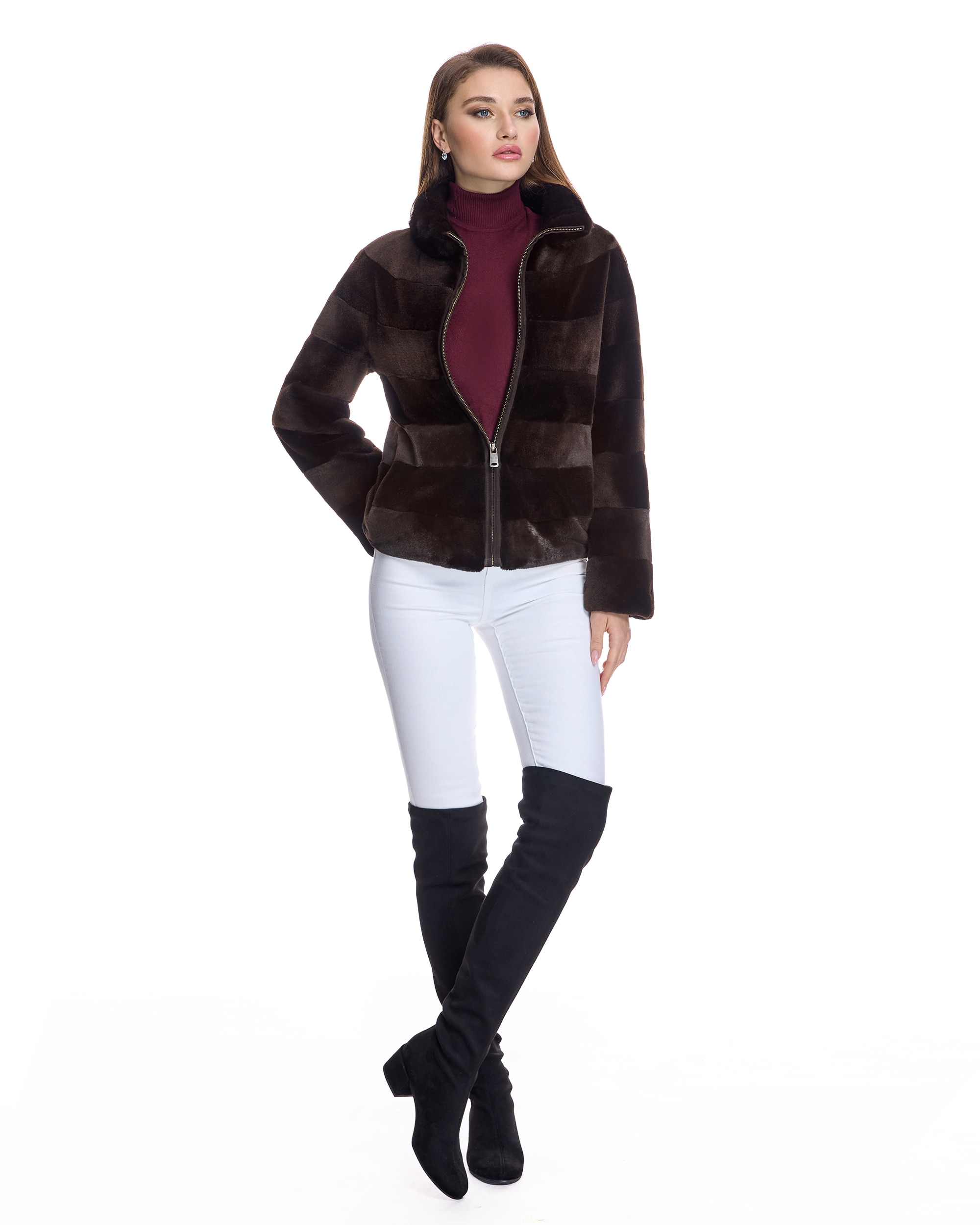 Chaqueta de pelo de mujer de visón rasado con cremallera - Maximilian - Marrón oscuro Marrón oscuro-4
