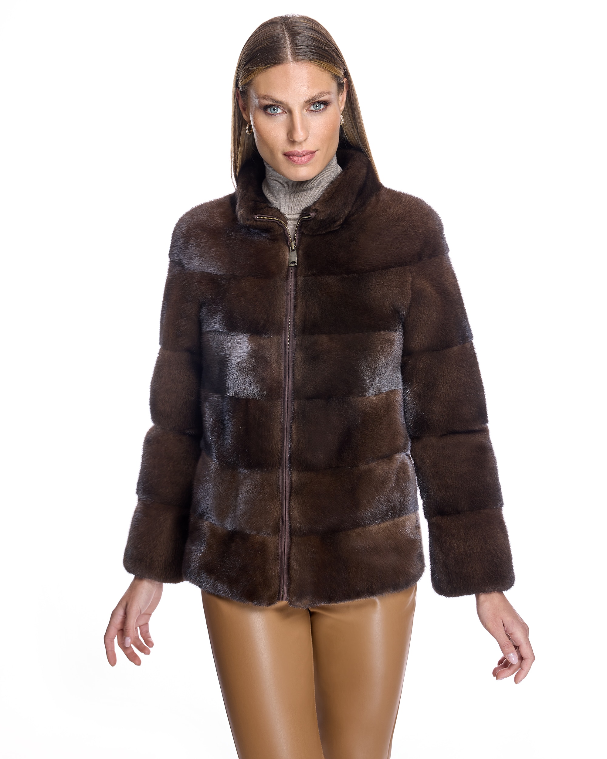 Chaqueta de pelo de mujer de visón con cremallera - Maximilian - Marrón oscuro Marrón oscuro-1