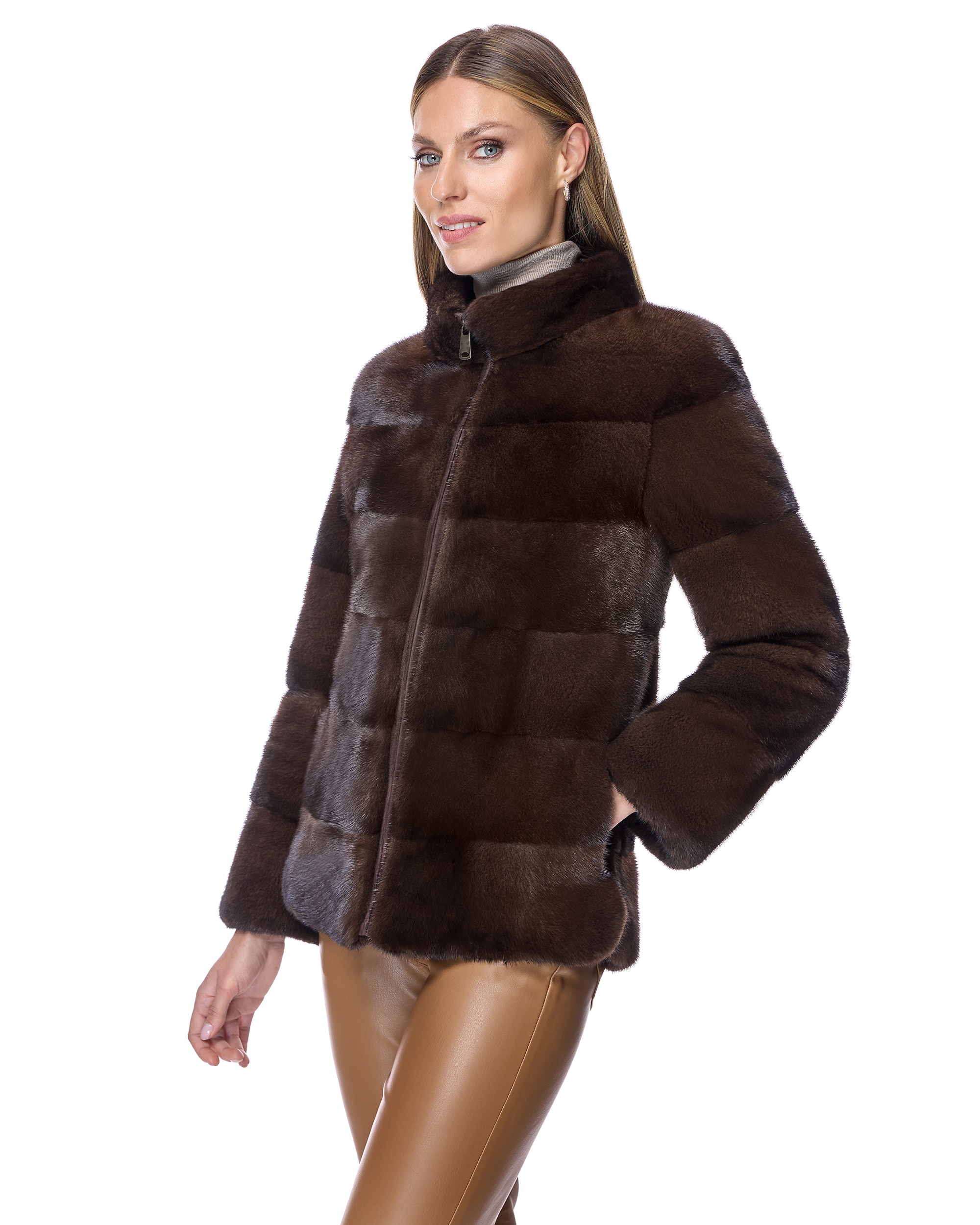 Chaqueta de pelo de mujer de visón con cremallera - Maximilian - Marrón oscuro Marrón oscuro-2