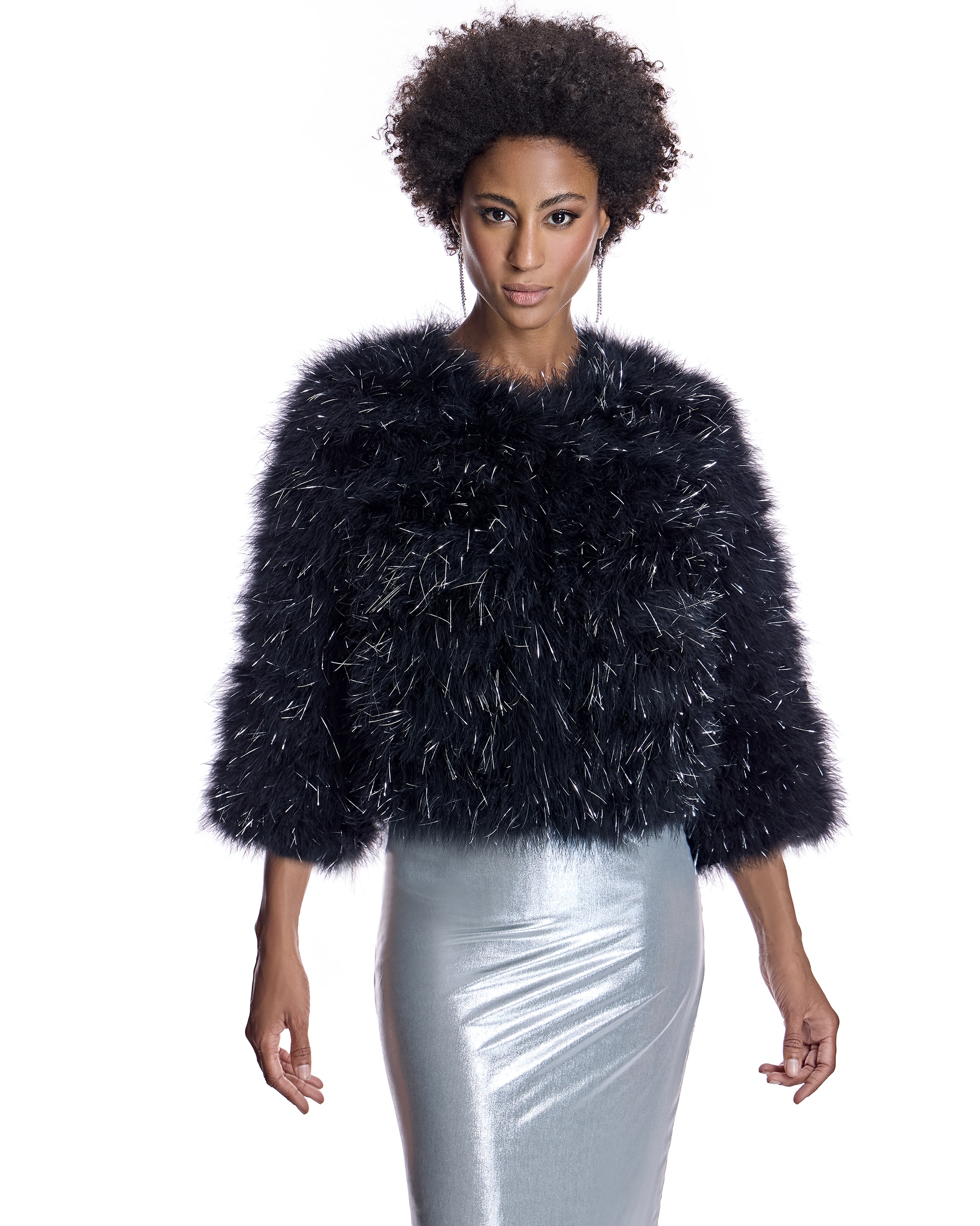 Bolero de mujer de plumas de marabú con manga francesa e inserciones metálicas - Maximilian - Negro Negro-1