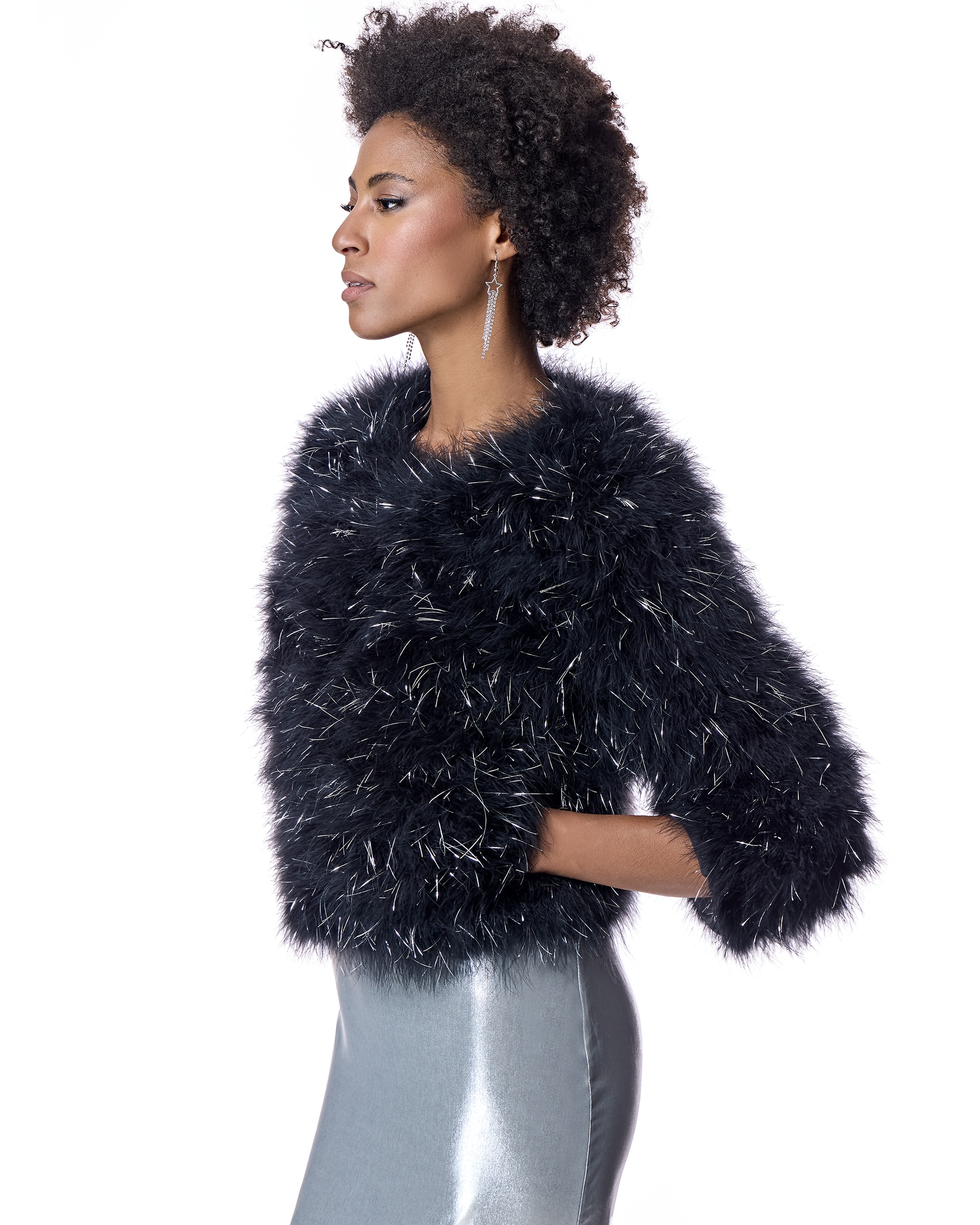 Bolero de mujer de plumas de marabú con manga francesa e inserciones metálicas - Maximilian - Negro Negro-2