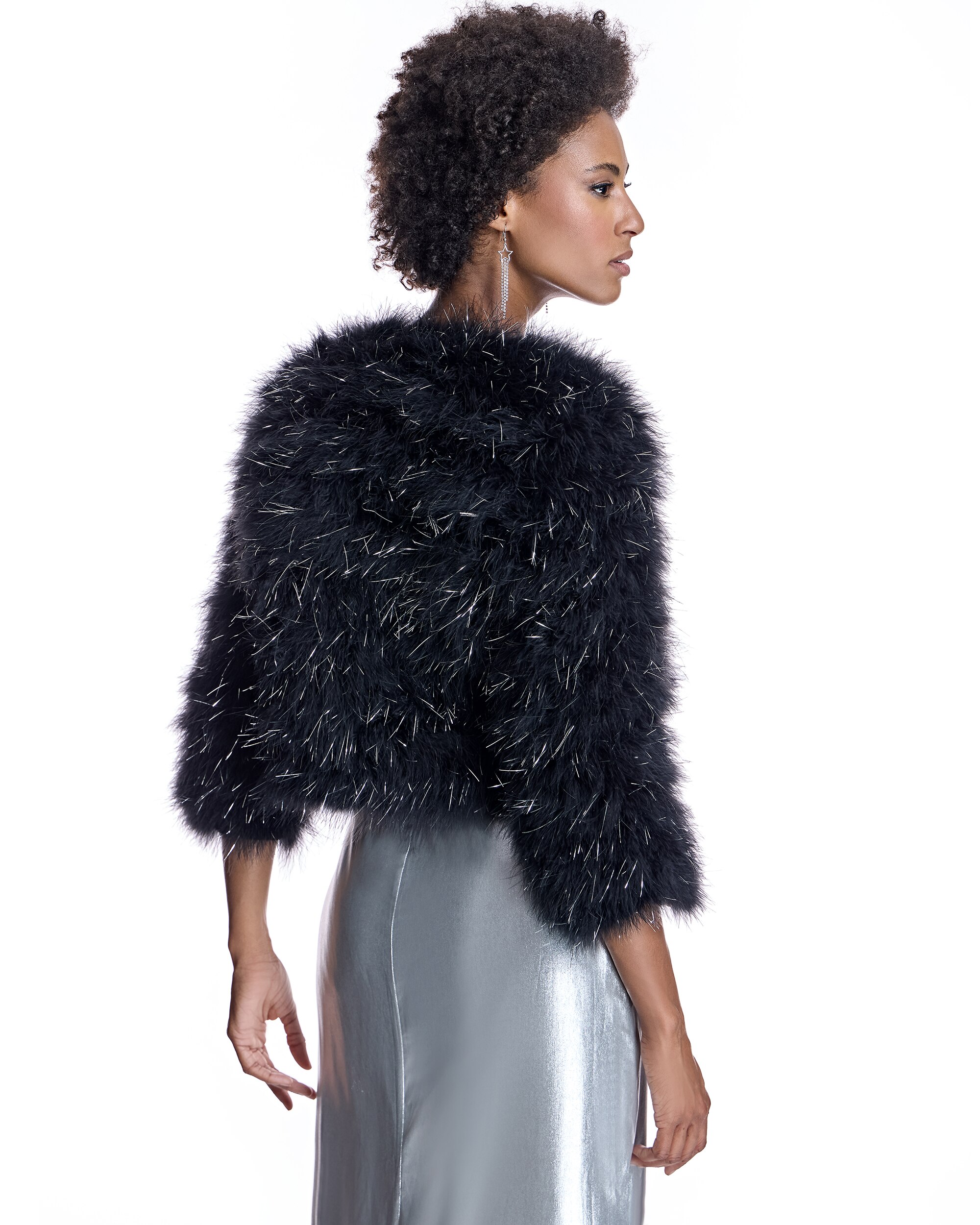 Bolero de mujer de plumas de marabú con manga francesa e inserciones metálicas - Maximilian - Negro Negro-3