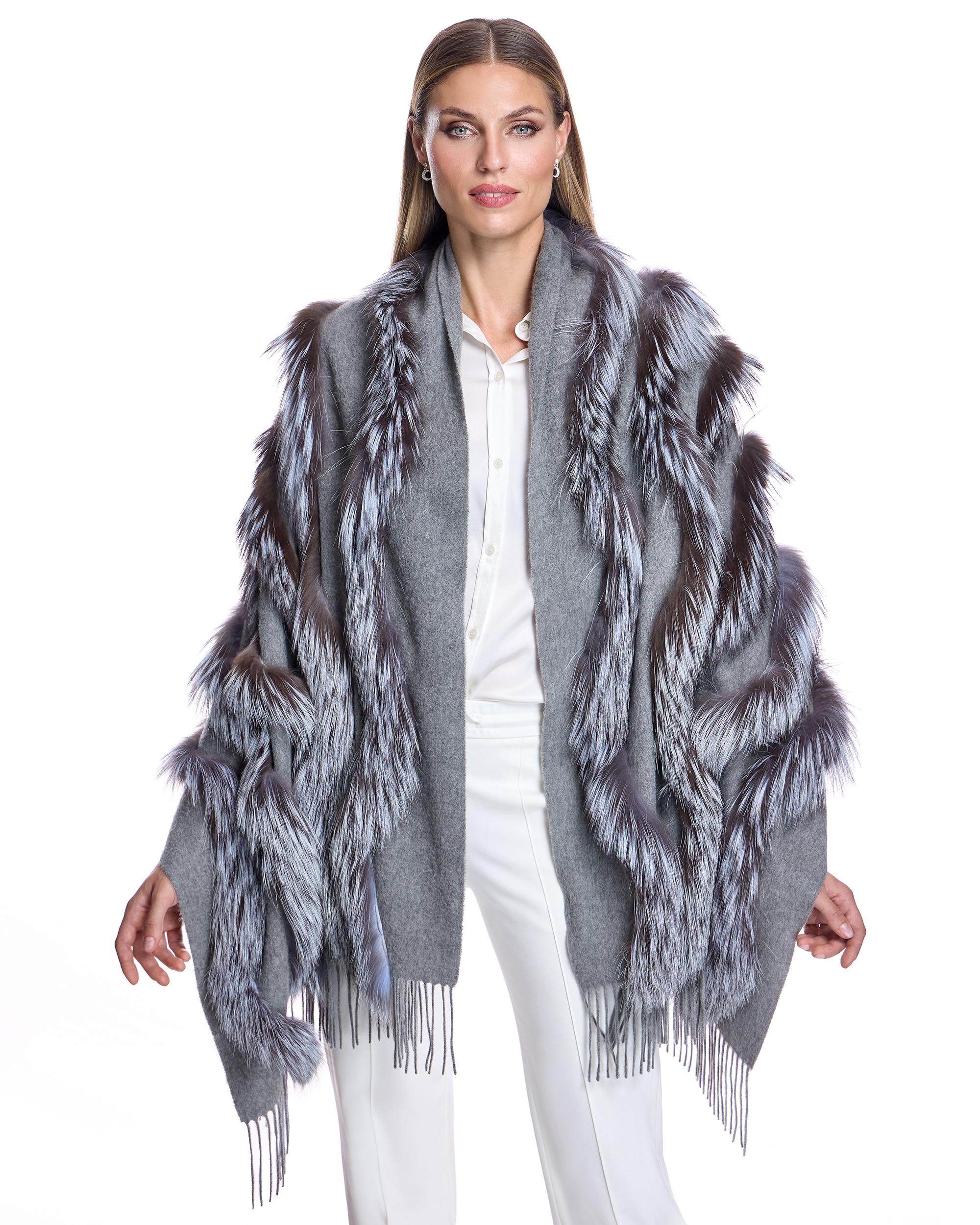 Estola de lana de cashmere con inserciones de zorro - Maximilian - Gris Gris-3