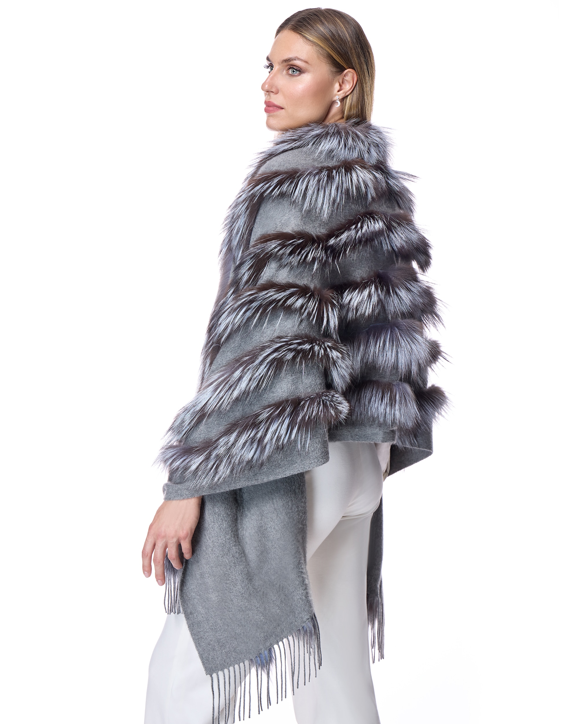 Estola de lana de cashmere con inserciones de zorro - Maximilian - Gris Gris-4