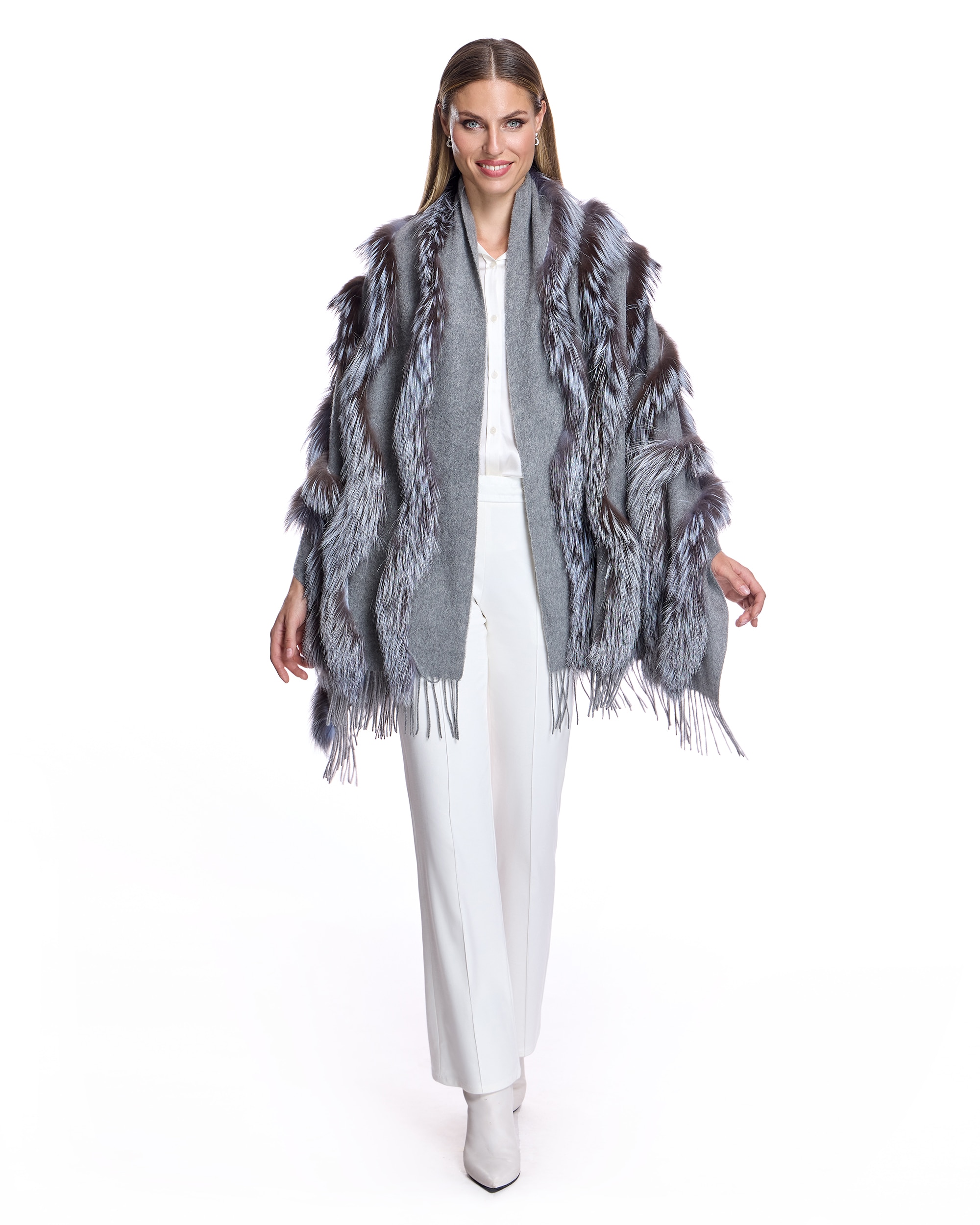 Estola de lana de cashmere con inserciones de zorro - Maximilian - Gris Gris-5