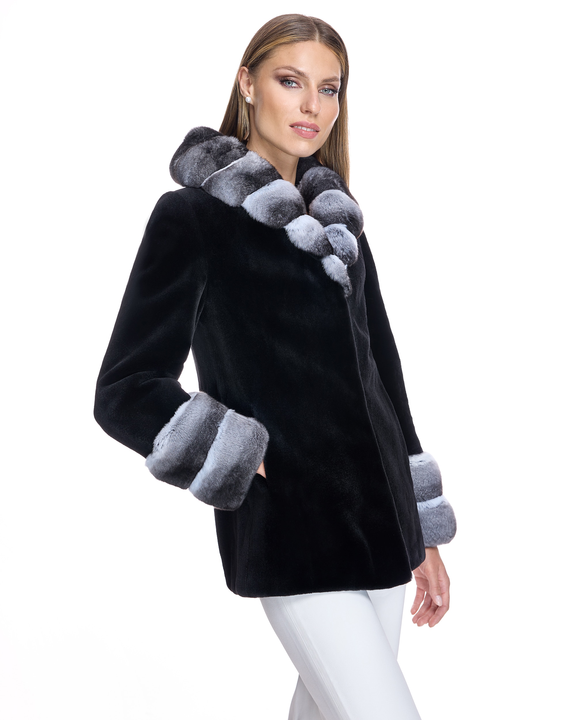 Chaqueta de mujer de pelo de visón rasado con cuello chal y puños de chinchilla - Maximilian - Negro / Gris Negro / Gris-2