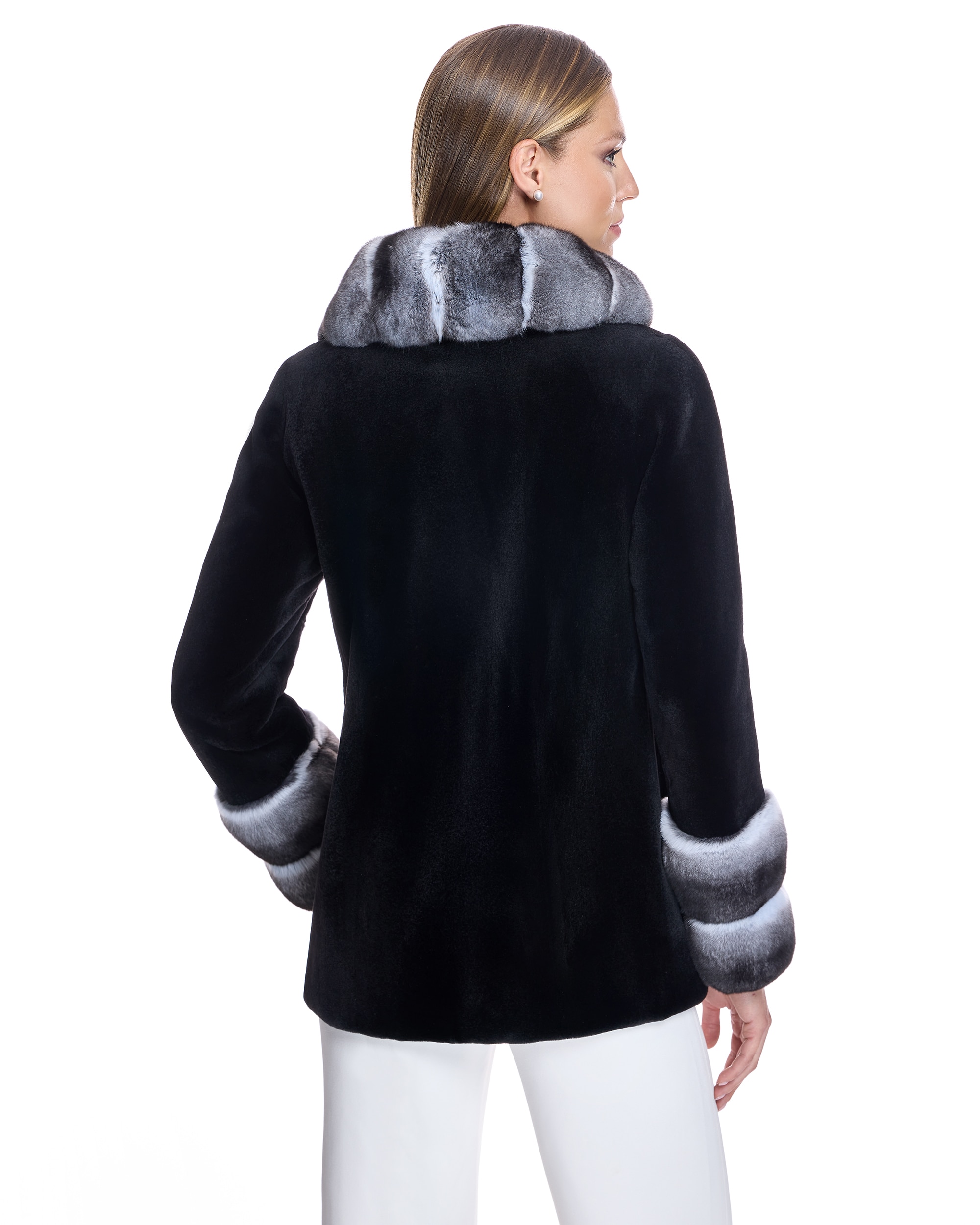Chaqueta de mujer de pelo de visón rasado con cuello chal y puños de chinchilla - Maximilian - Negro / Gris Negro / Gris-3