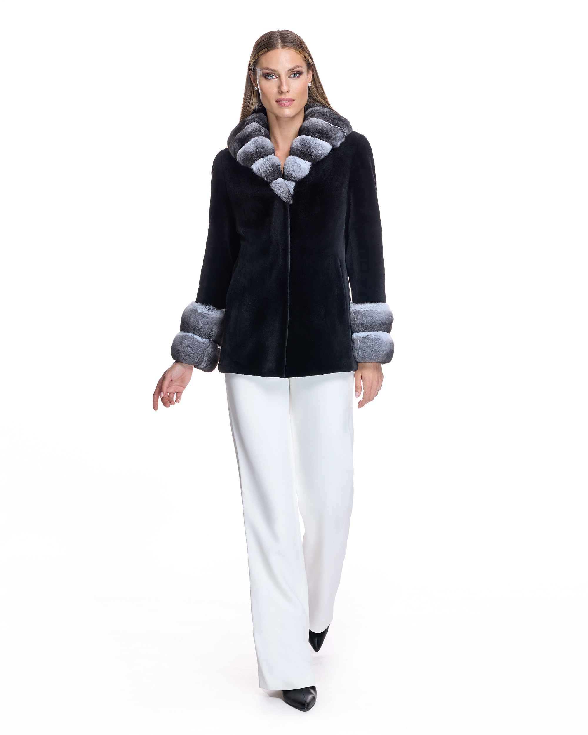 Chaqueta de mujer de pelo de visón rasado con cuello chal y puños de chinchilla - Maximilian - Negro / Gris Negro / Gris-4