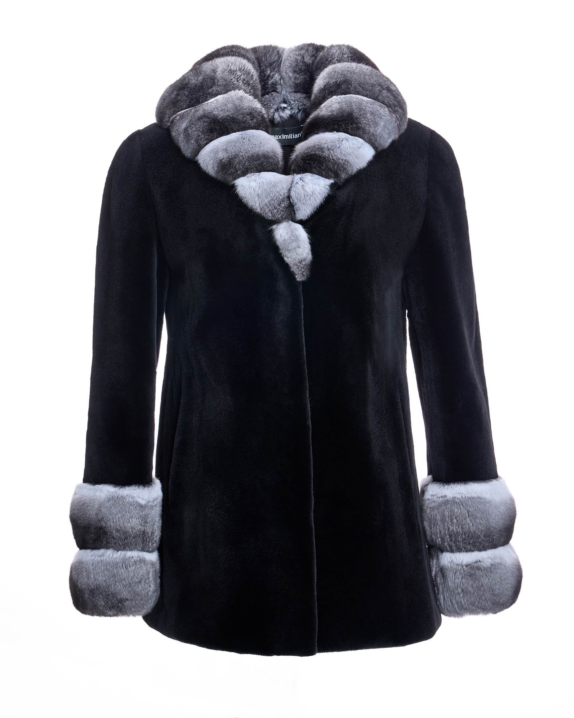 Chaqueta de mujer de pelo de visón rasado con cuello chal y puños de chinchilla - Maximilian - Negro / Gris Negro / Gris-6