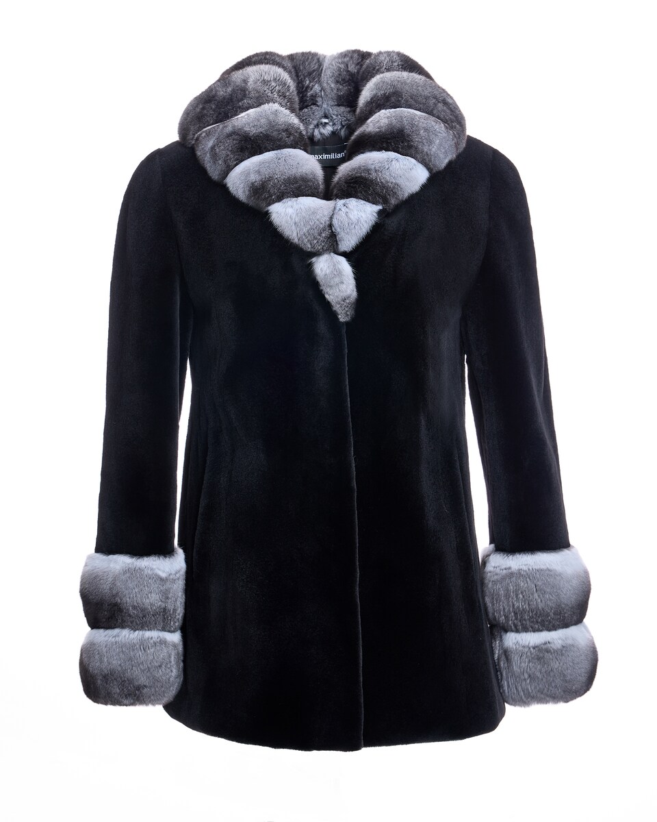 Chaqueta de pelo de mujer de visón rasado con cuello de chinchilla