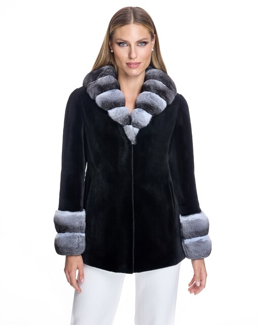 Imagen 0 de Chaqueta de pelo de mujer de visón rasado con cuello de chinchilla