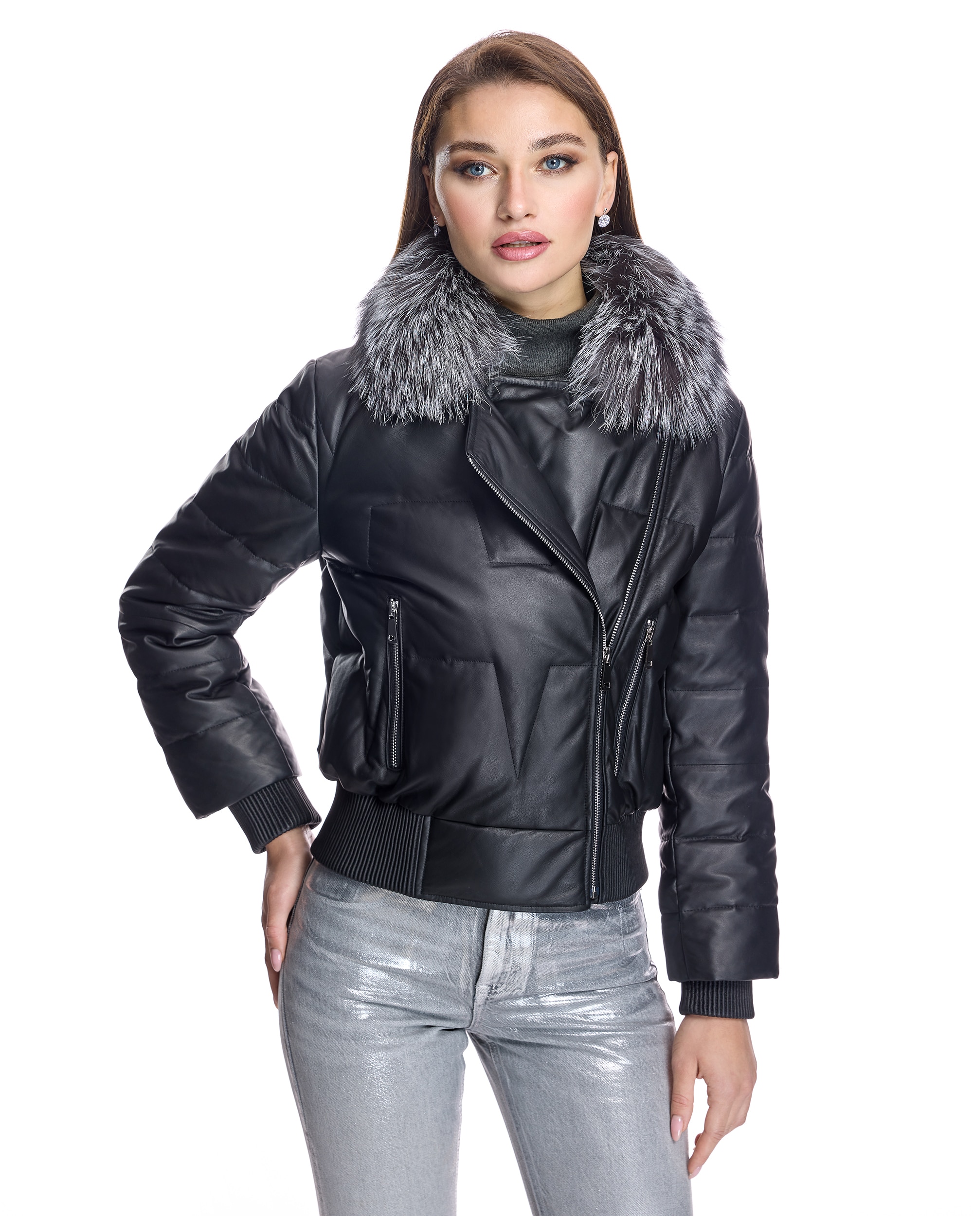 Plumífero de piel de mujer acolchado con cuello de zorro - Maximilian - Negro Negro-1