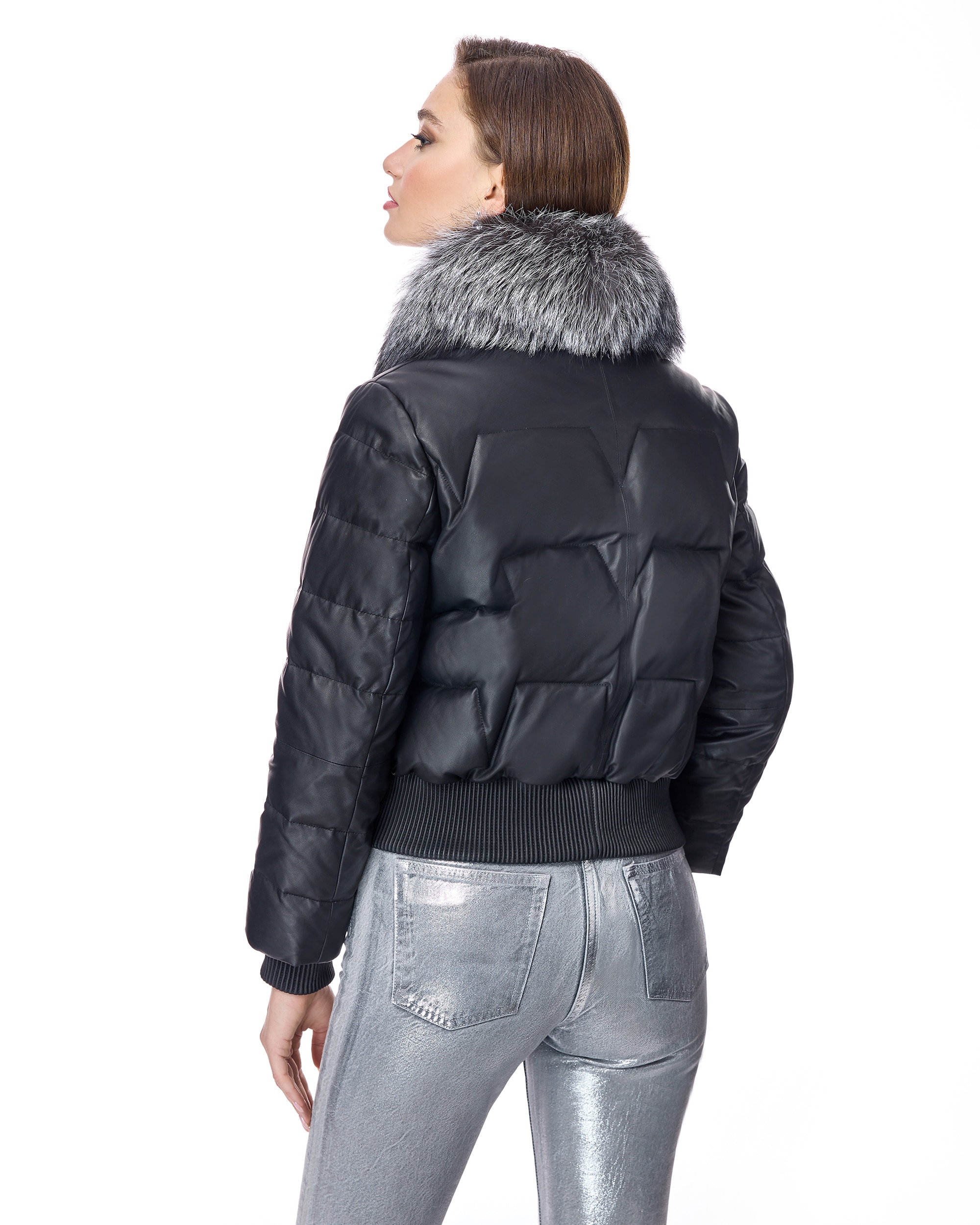 Plumífero de piel de mujer acolchado con cuello de zorro - Maximilian - Negro Negro-3