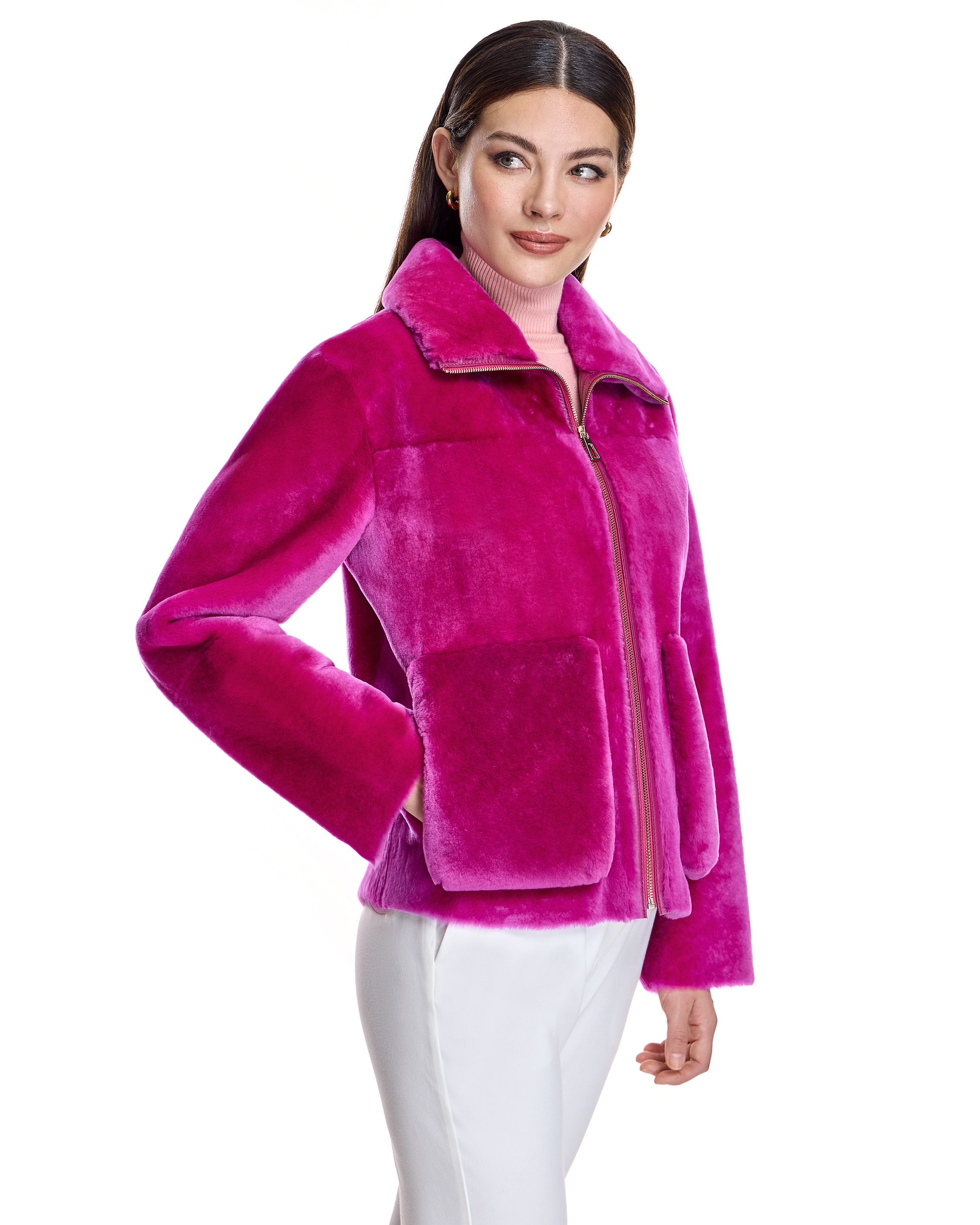 Chaqueta de pelo de mujer de cordero merino con bolsillos - Maximilian - Fucsia Fucsia-2