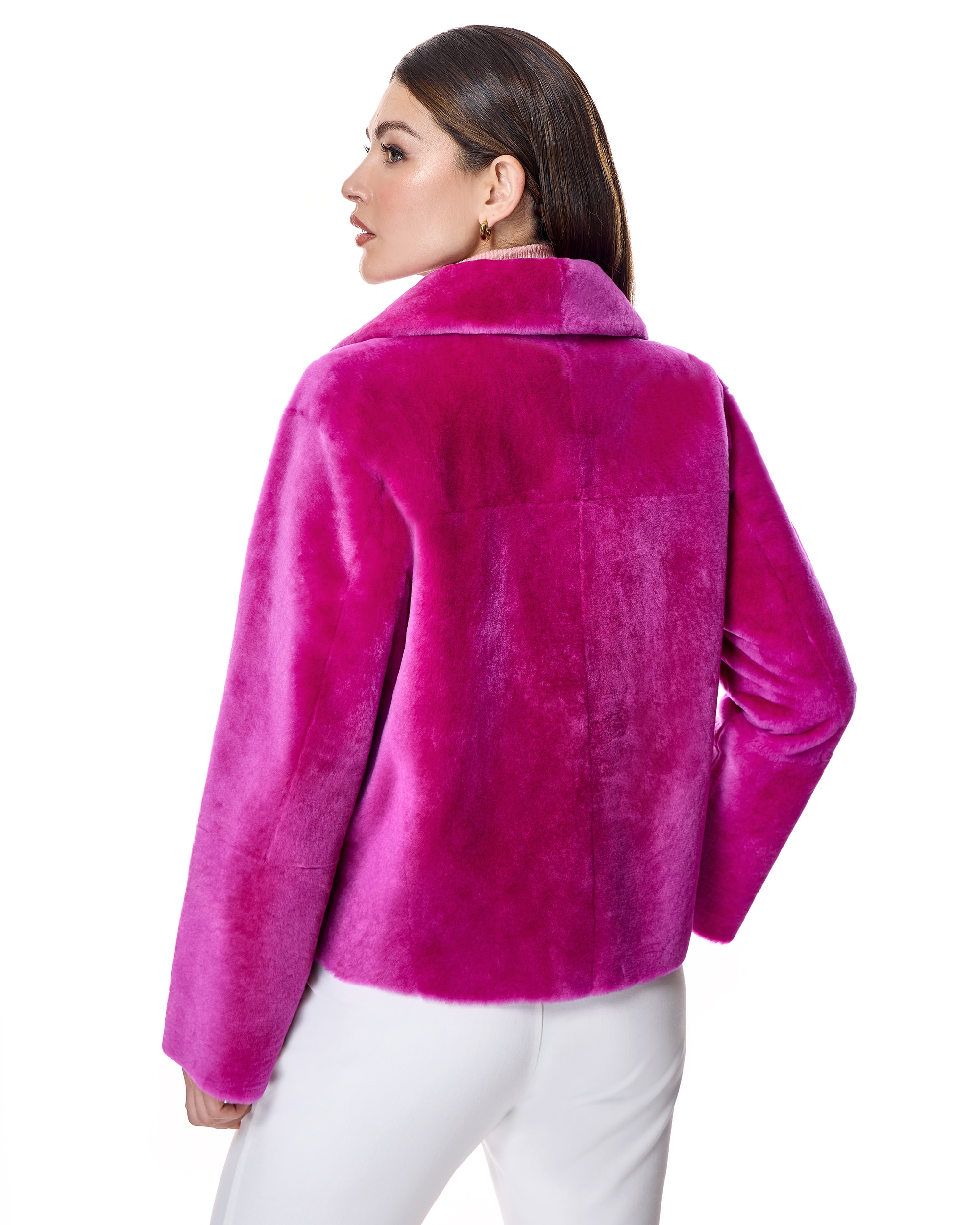 Chaqueta de pelo de mujer de cordero merino con bolsillos - Maximilian - Fucsia Fucsia-3