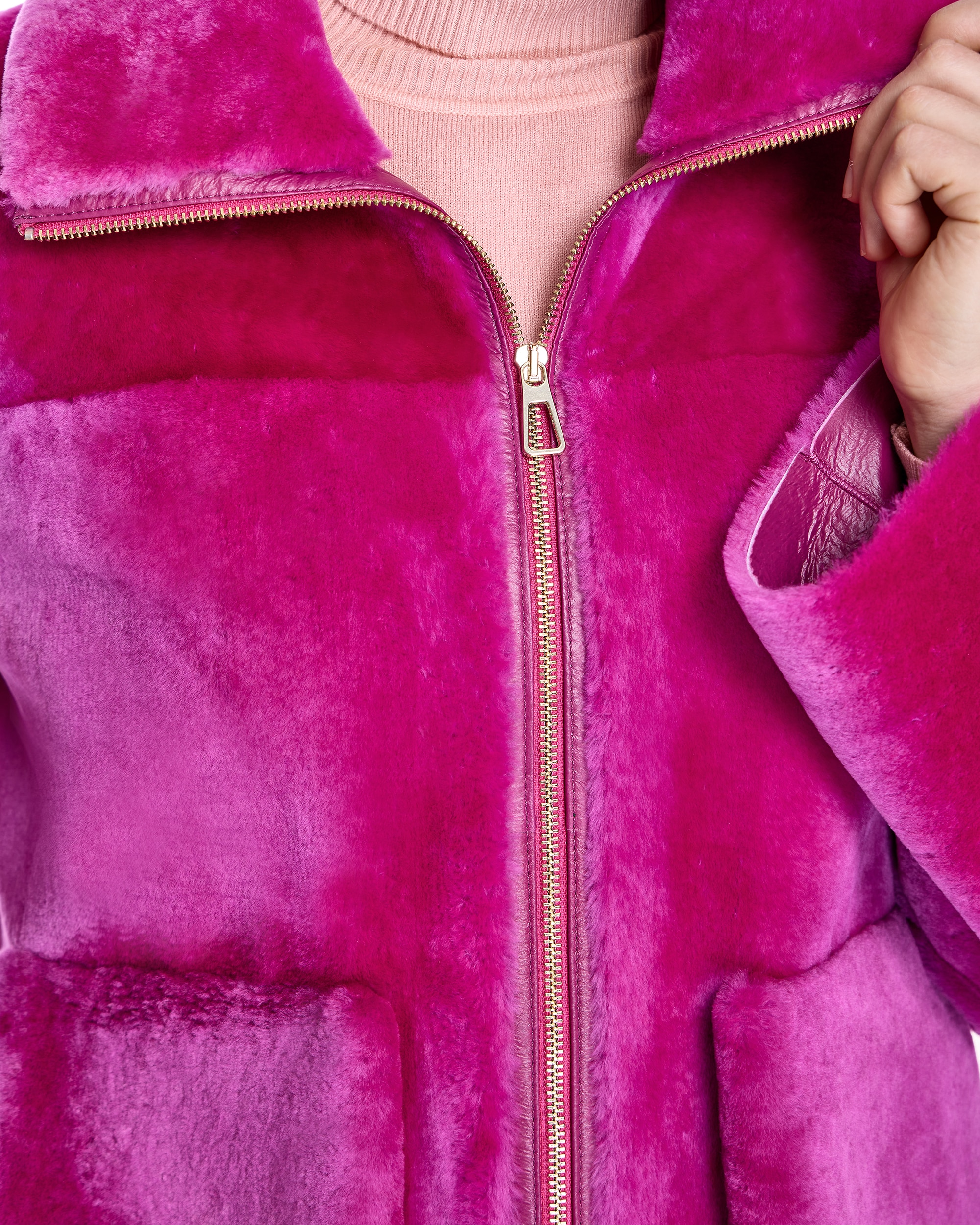 Chaqueta de pelo de mujer de cordero merino con bolsillos - Maximilian - Fucsia Fucsia-5