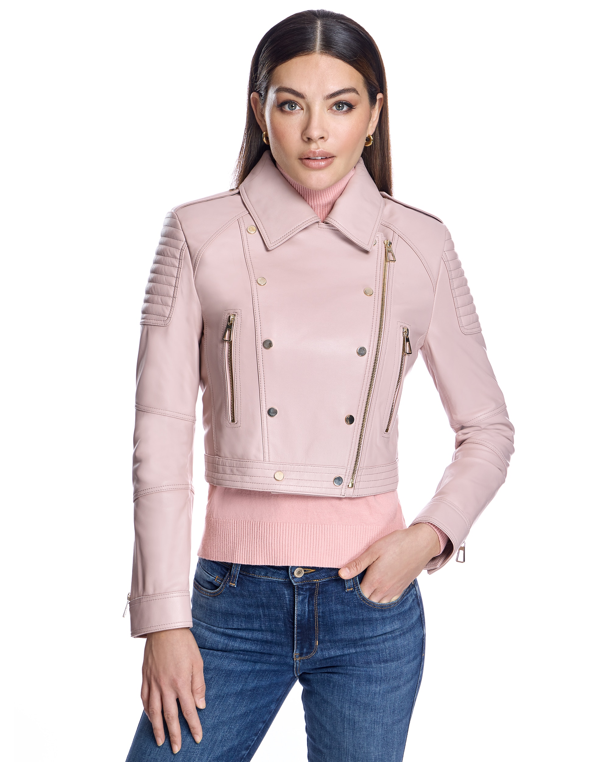 Cazadora de mujer de cuero con bolsillos - Maximilian - Rosa claro Rosa claro-1