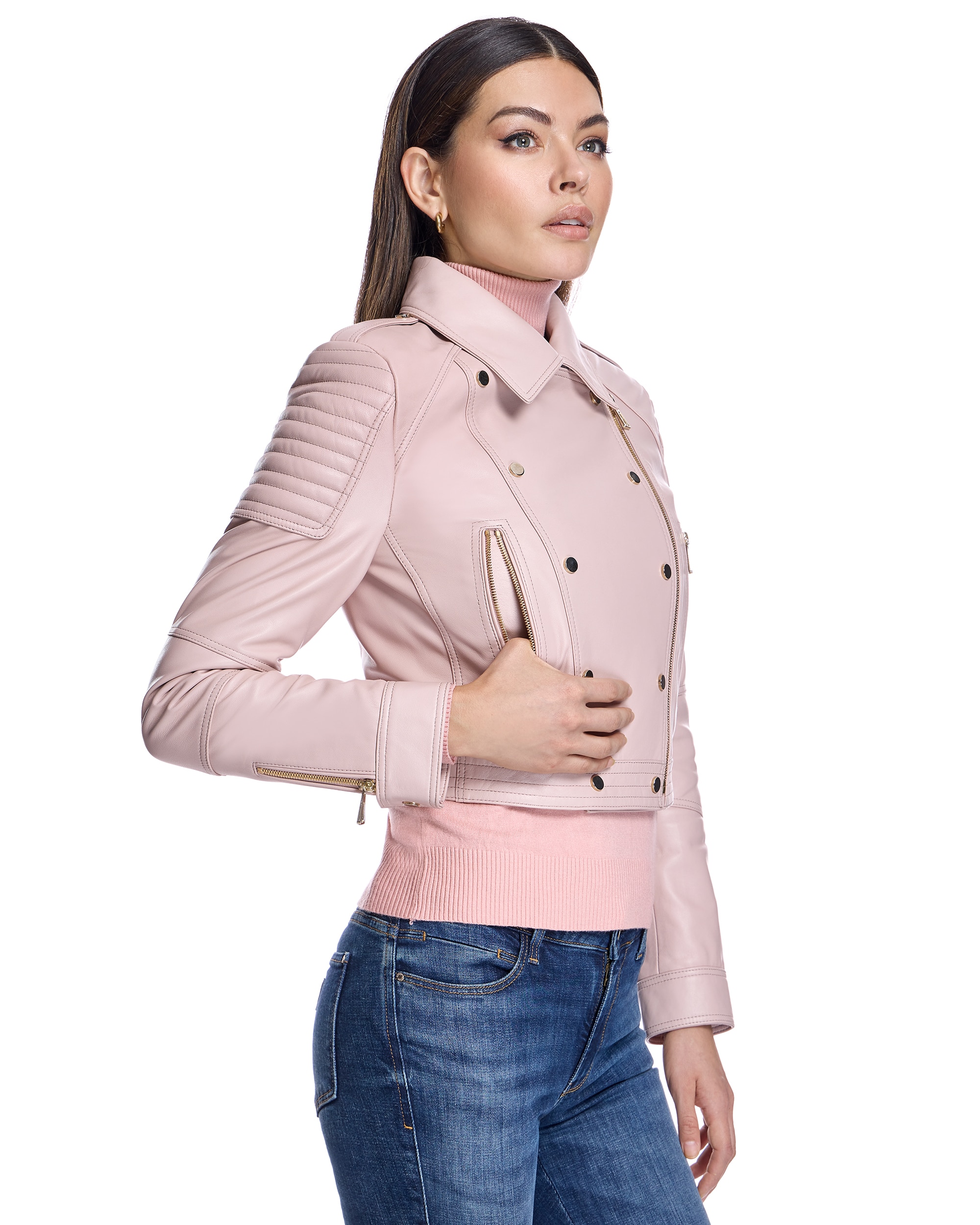 Cazadora de mujer de cuero con bolsillos - Maximilian - Rosa claro Rosa claro-2