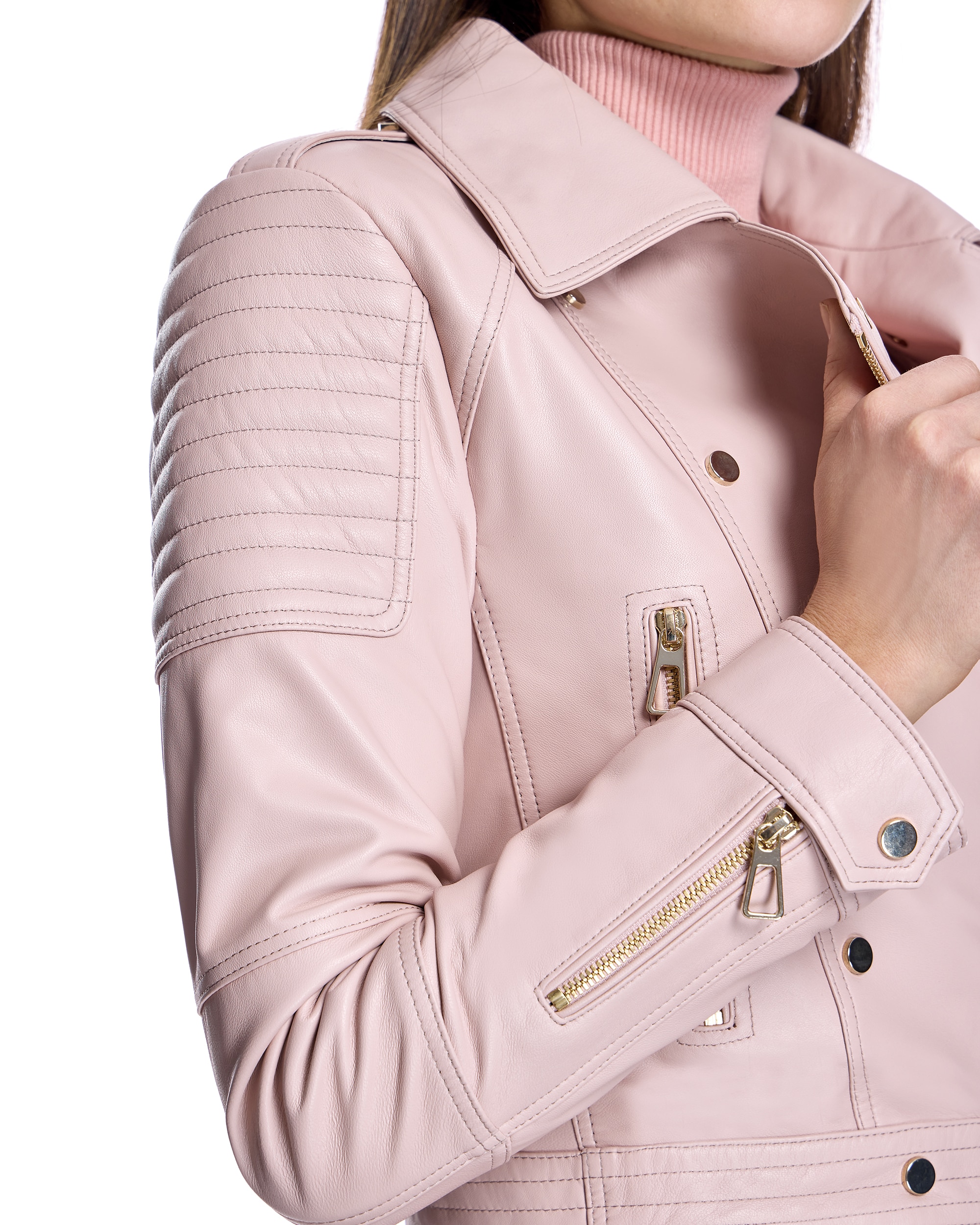 Cazadora de mujer de cuero con bolsillos - Maximilian - Rosa claro Rosa claro-5