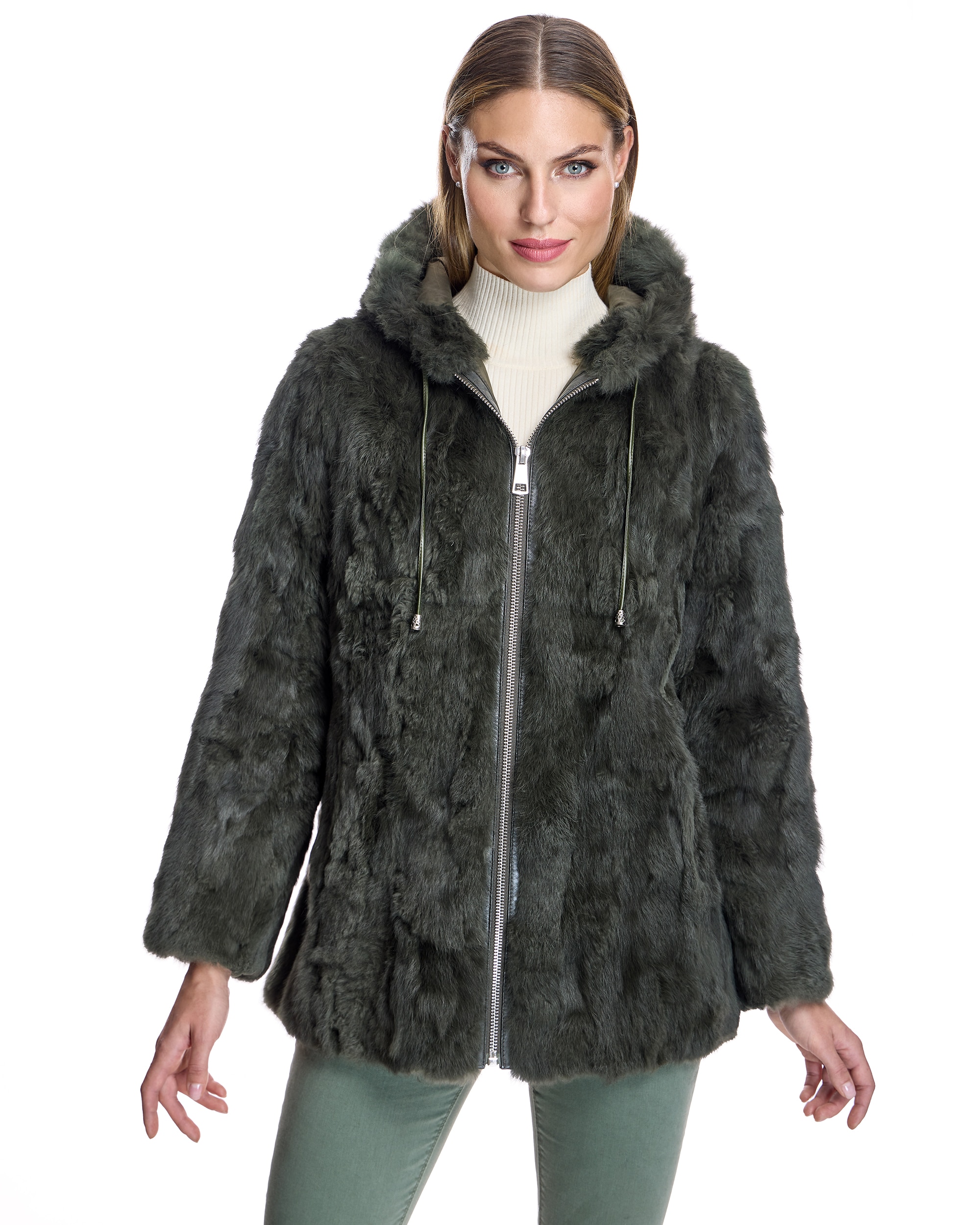 Chaqueta de pelo de mujer de rabbit con capucha - Maximilian - Kaki Kaki-1