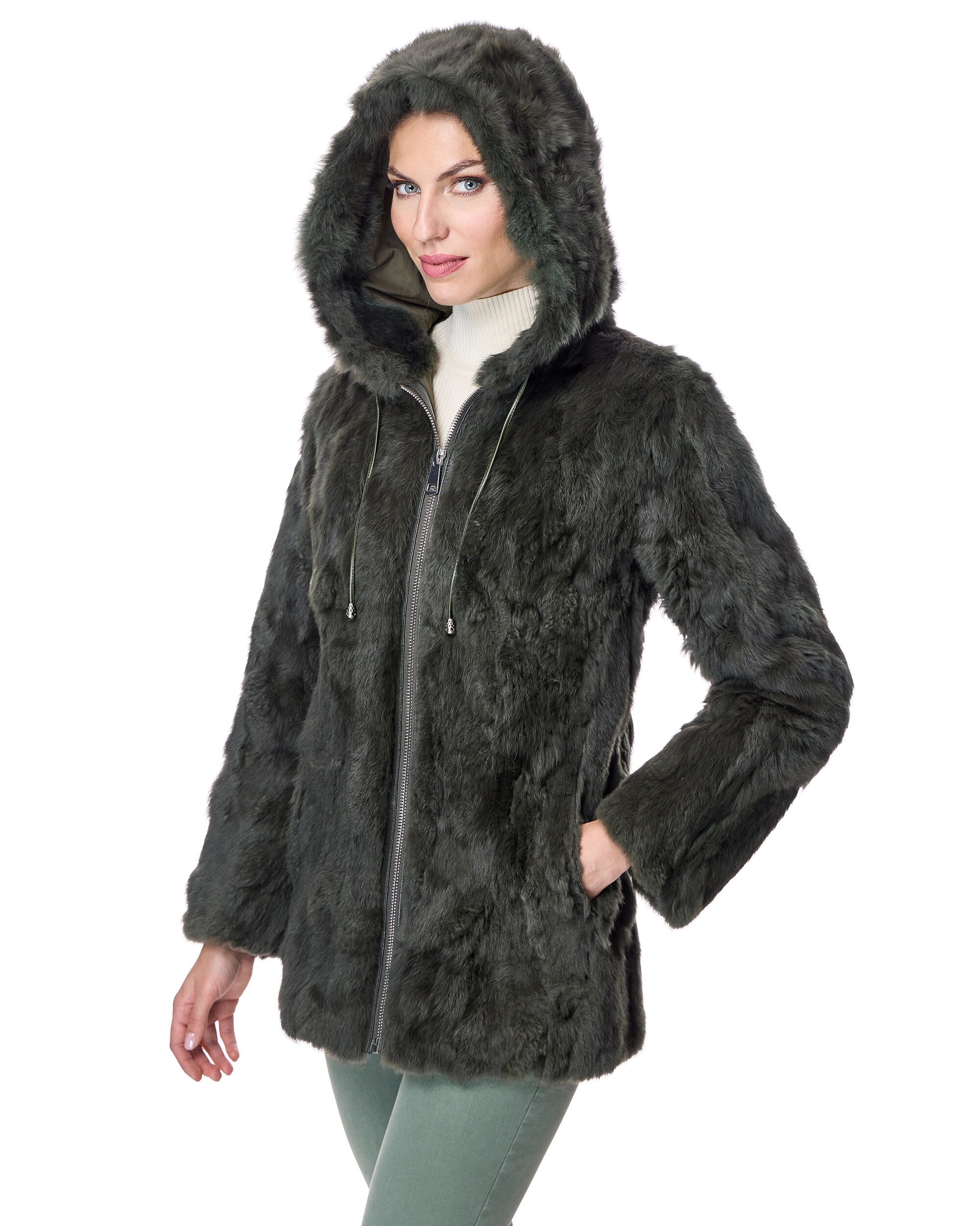 Chaqueta de pelo de mujer de rabbit con capucha - Maximilian - Kaki Kaki-2