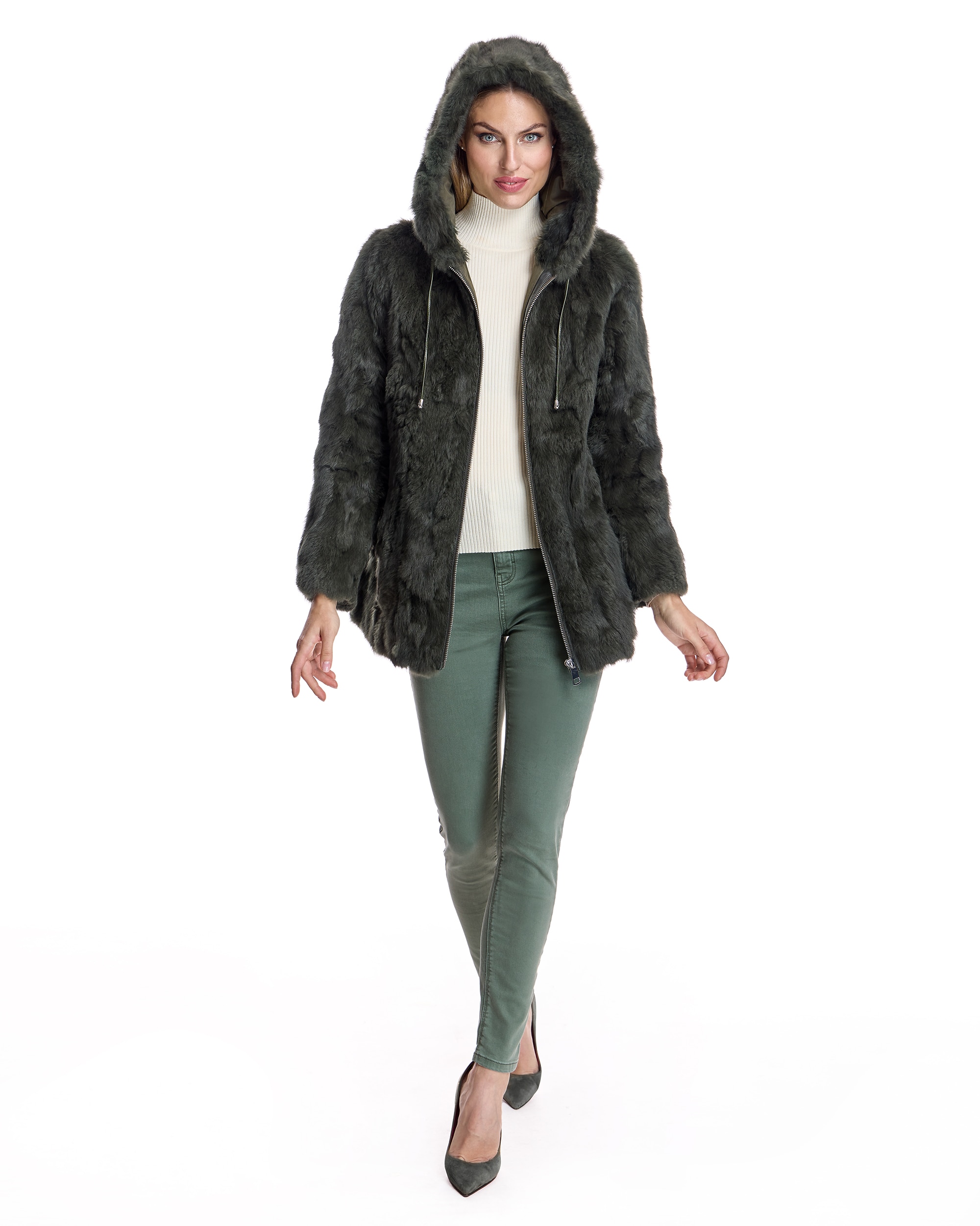 Chaqueta de pelo de mujer de rabbit con capucha - Maximilian - Kaki Kaki-4